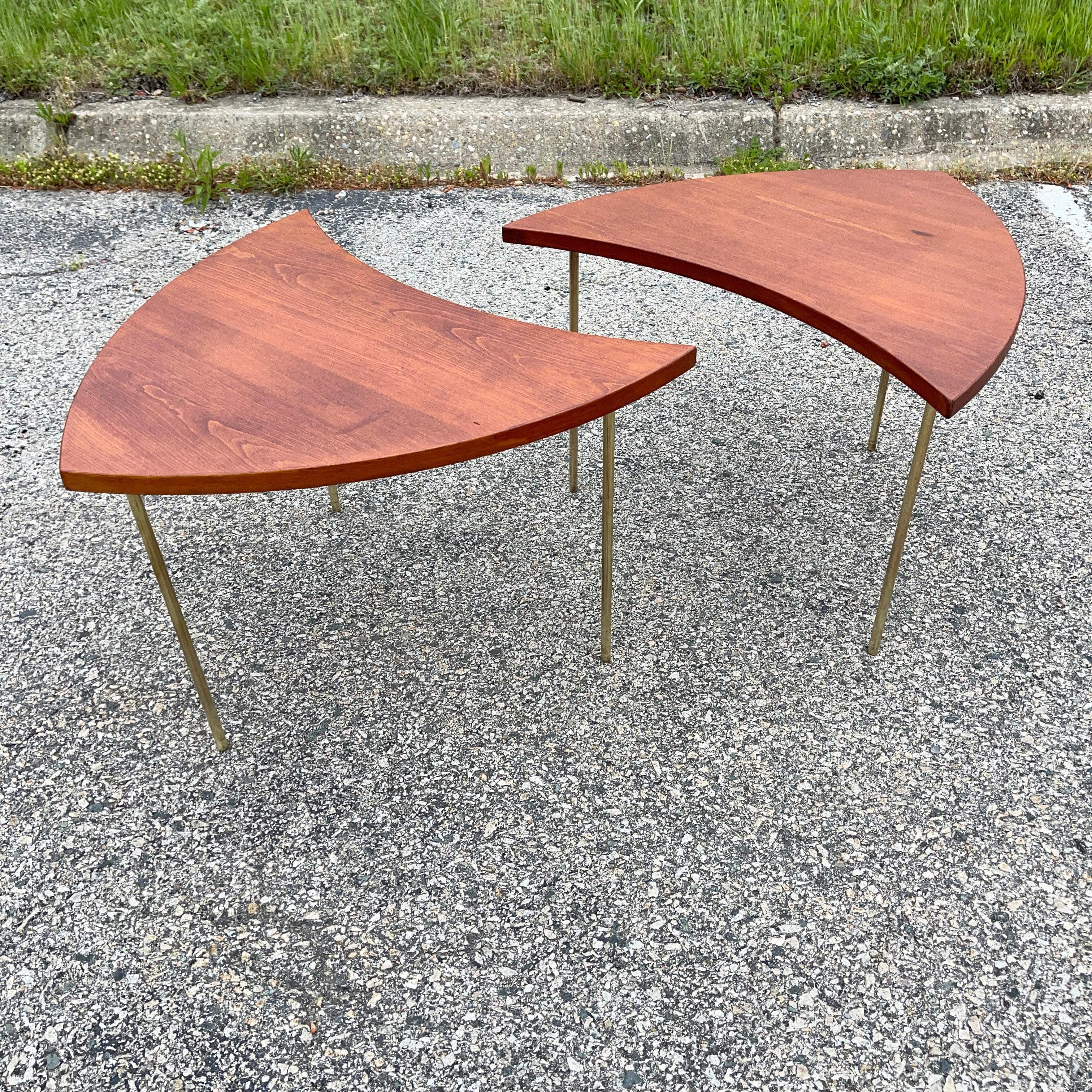 Pair of teak top side tables each with straight round brass legs from the Pinwheel series designed by Peter Hvidt and Olga Molgaard for France and son. Model 523 retailed by John Stuart circa early 1960’s. 

Legs detach for ease of flat pack
