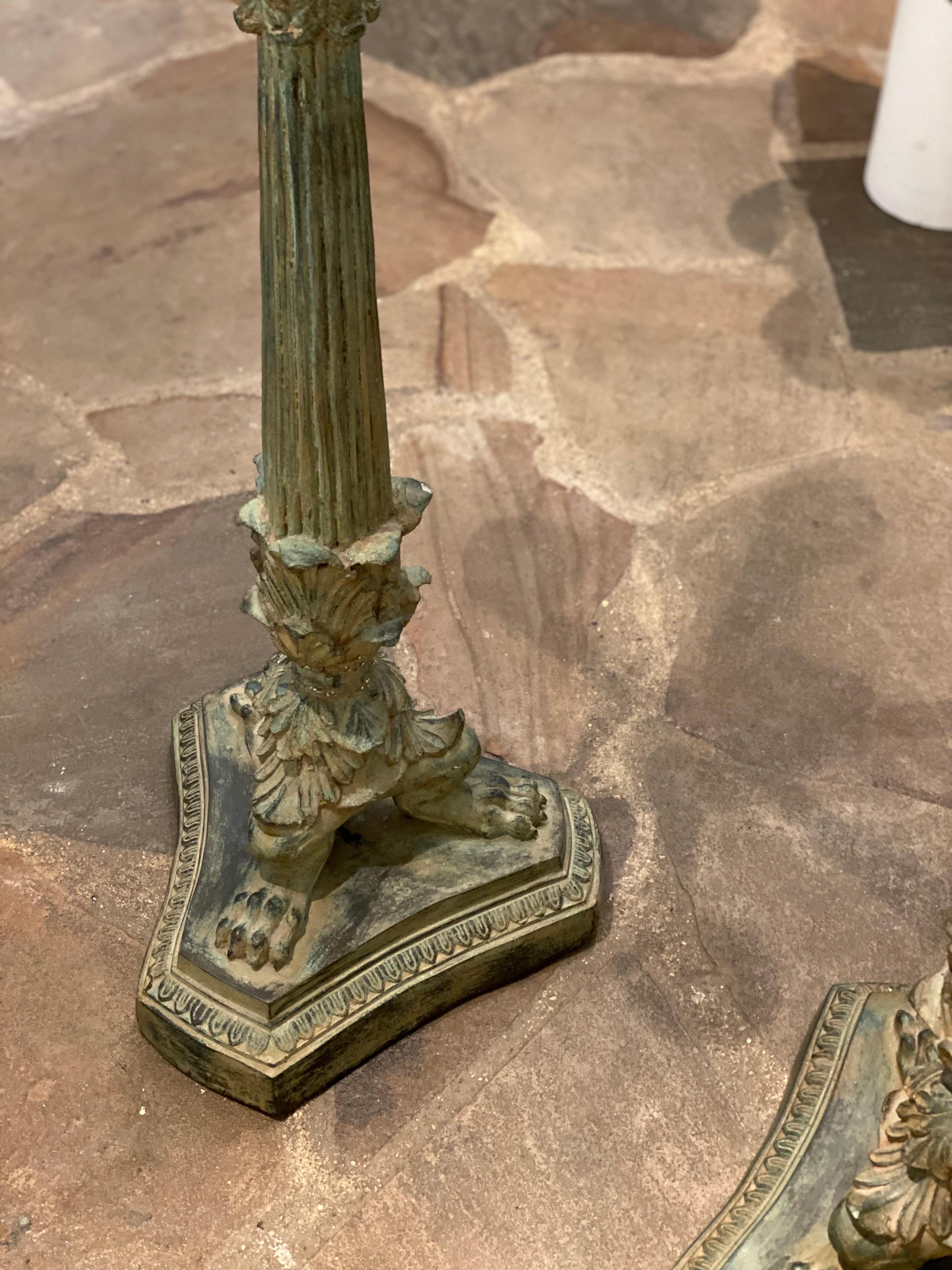 Pair of 6 Arm French Empire Neoclassical Style Iron Verdigris Table Candelabras For Sale 7