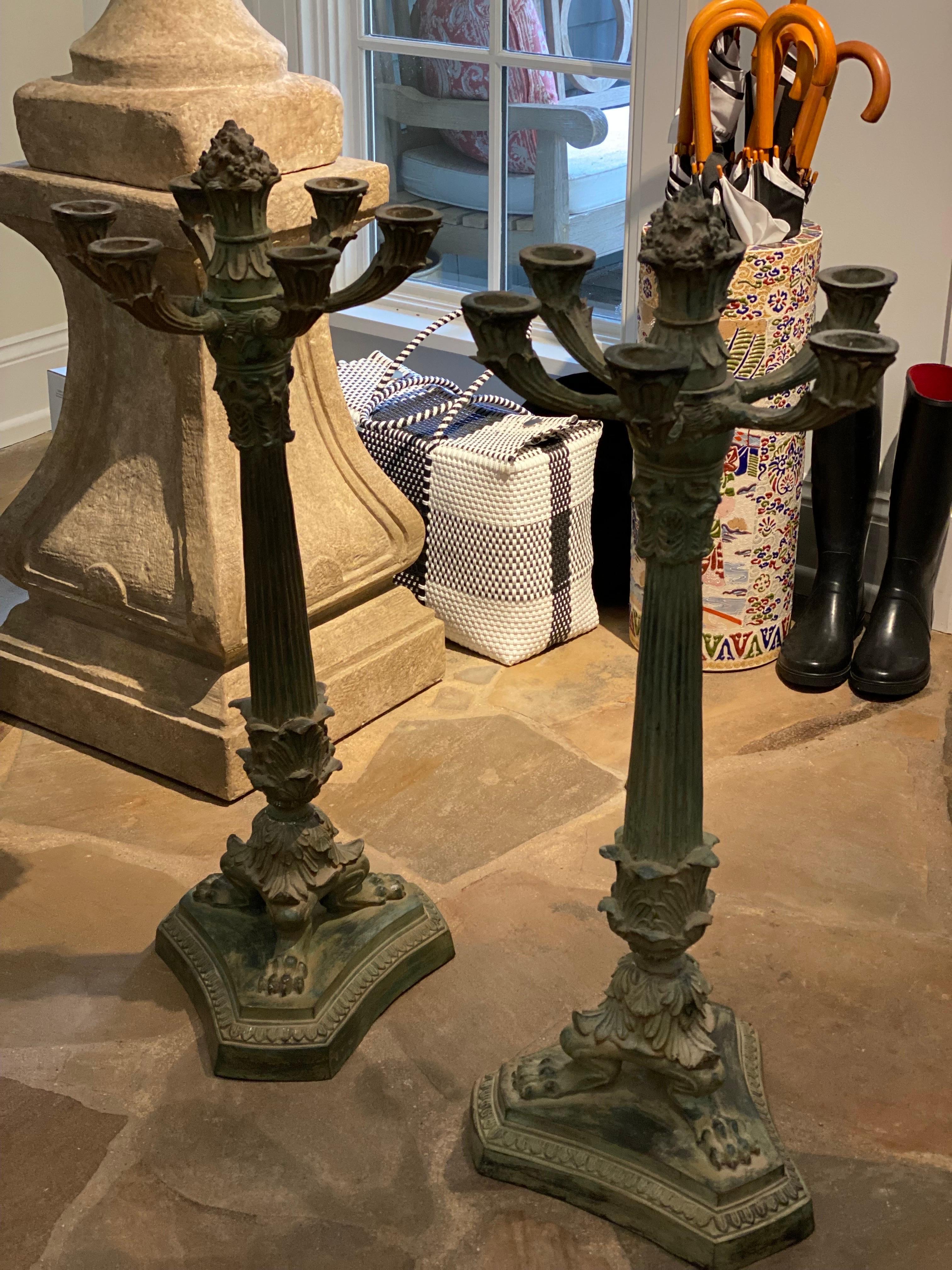 Pair of 6 Arm French Empire Neoclassical Style Iron Verdigris Table Candelabras For Sale 8