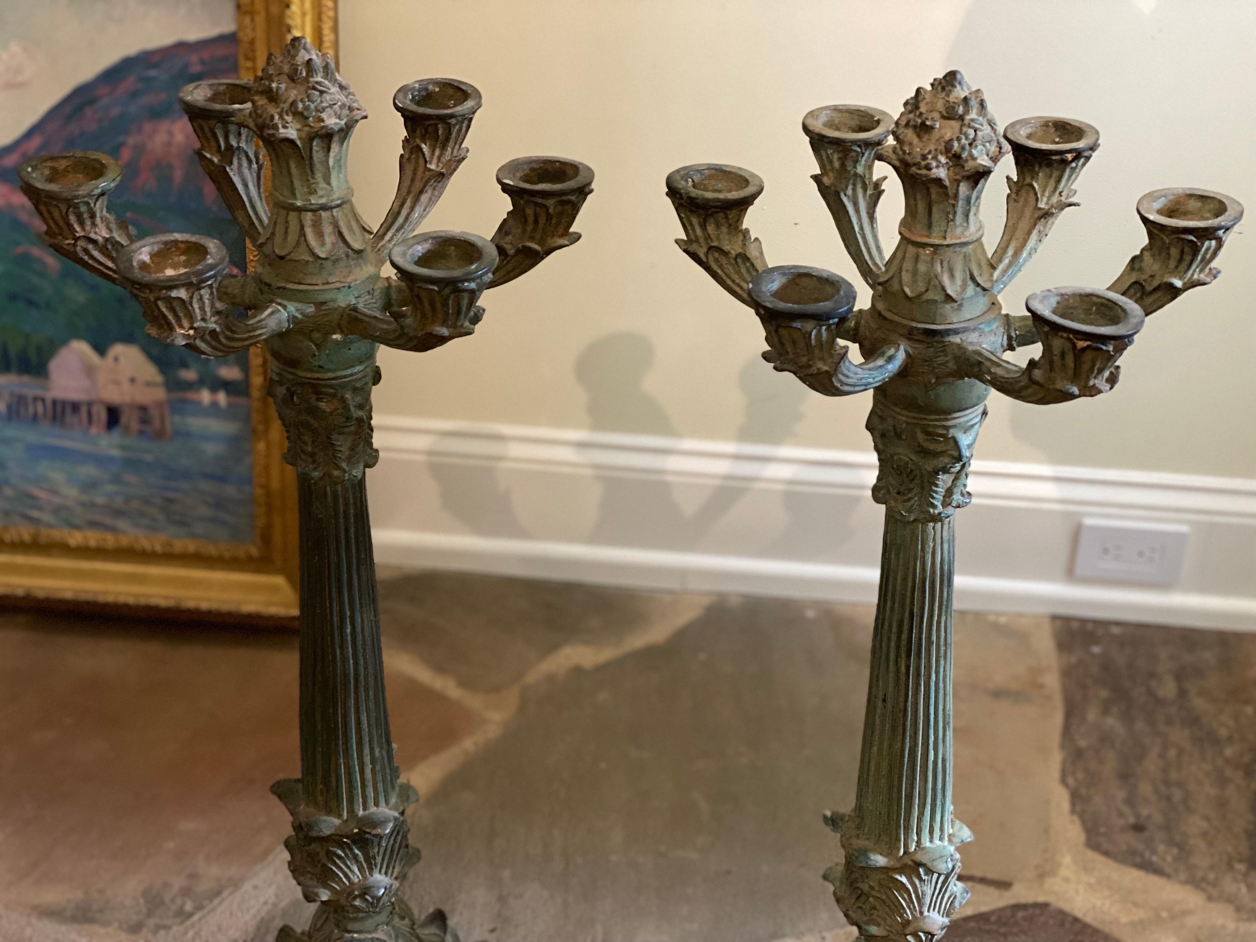 Pair of 6 Arm French Empire Neoclassical Style Iron Verdigris Table Candelabras In Good Condition For Sale In Southampton, NY