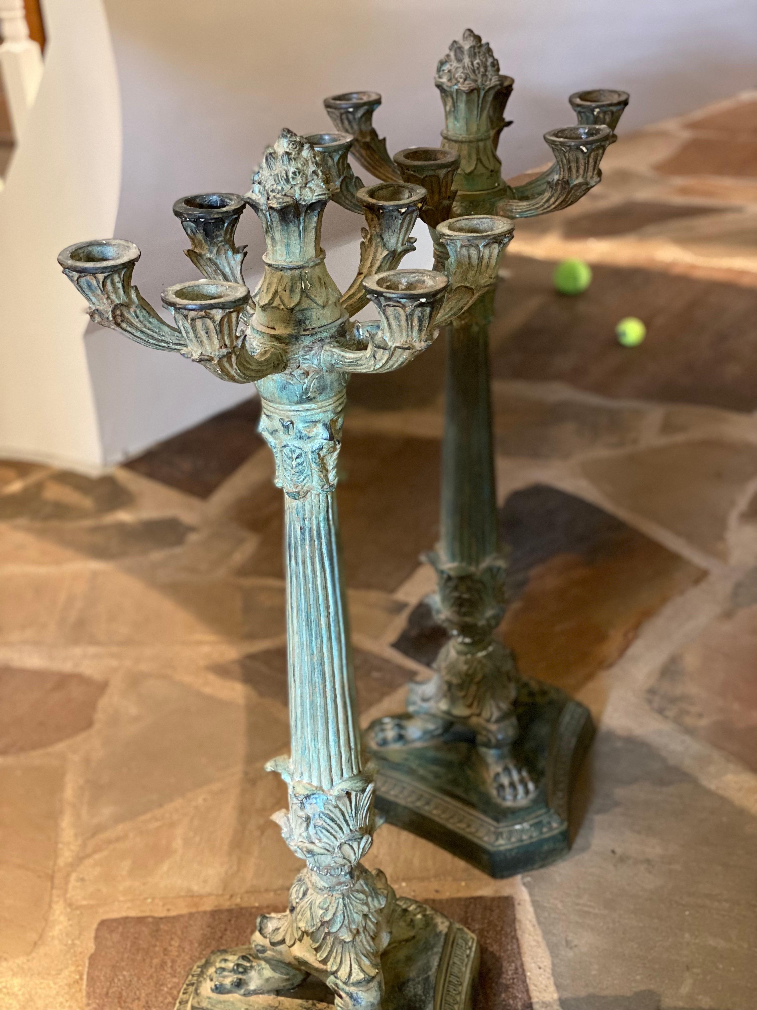 20th Century Pair of 6 Arm French Empire Neoclassical Style Iron Verdigris Table Candelabras For Sale