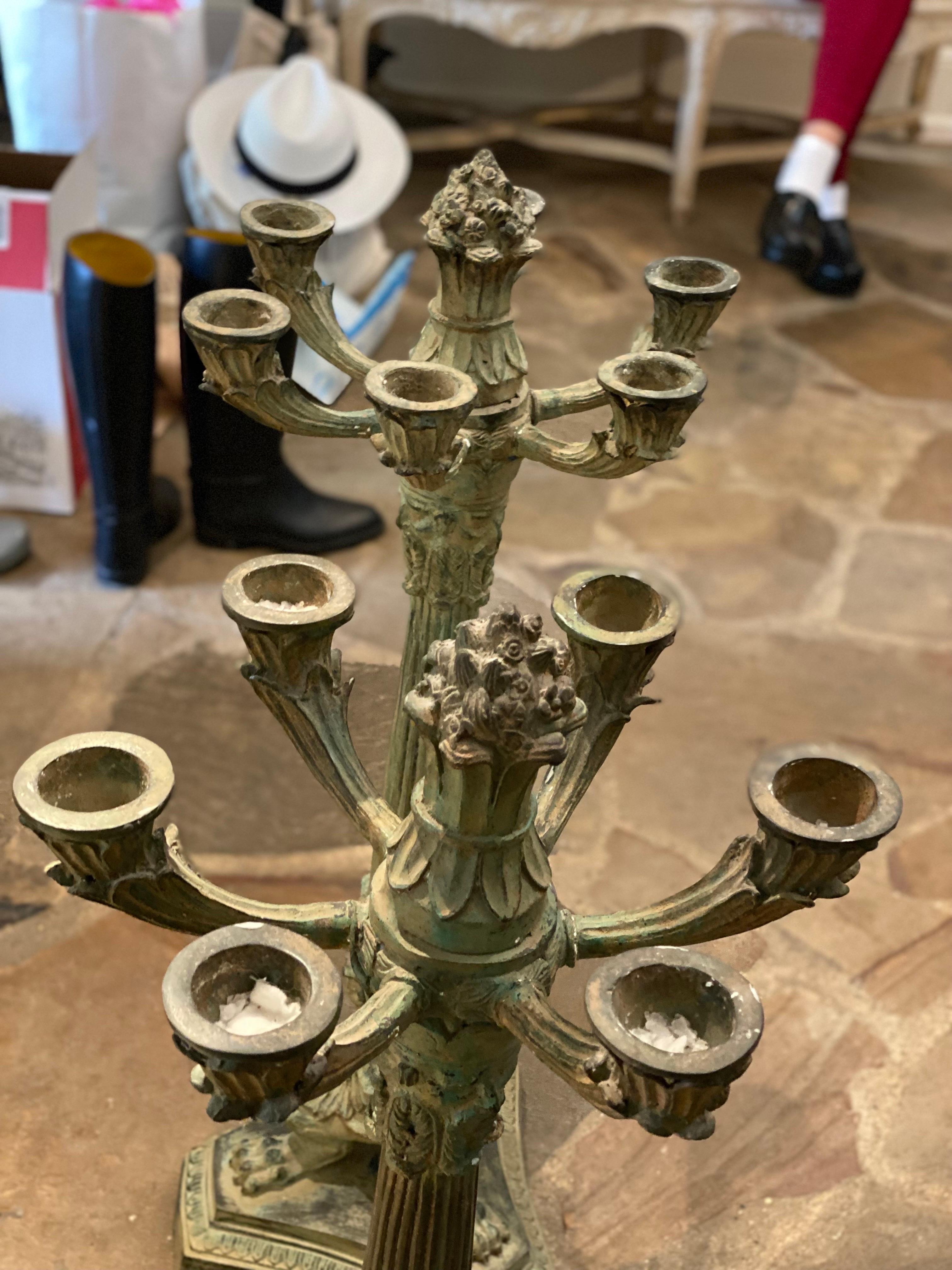 Pair of 6 Arm French Empire Neoclassical Style Iron Verdigris Table Candelabras For Sale 2