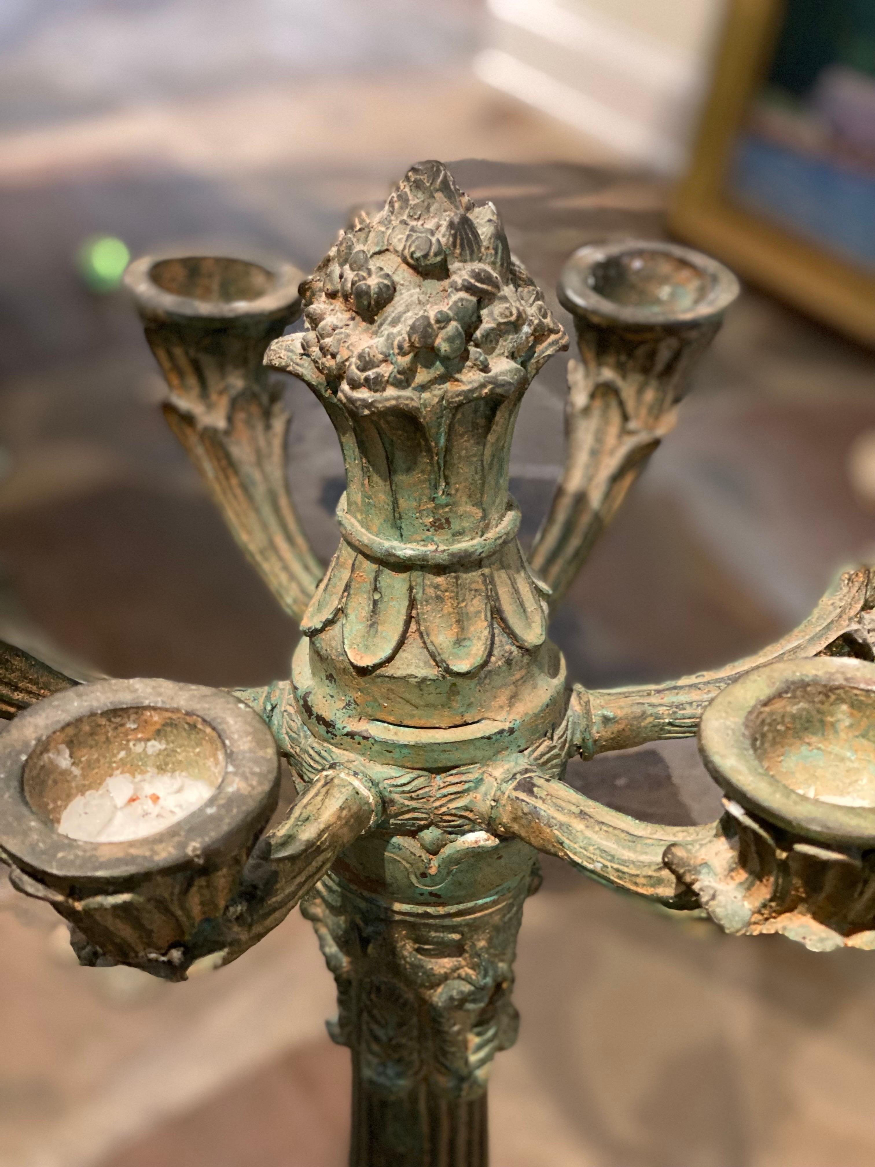 Pair of 6 Arm French Empire Neoclassical Style Iron Verdigris Table Candelabras For Sale 3
