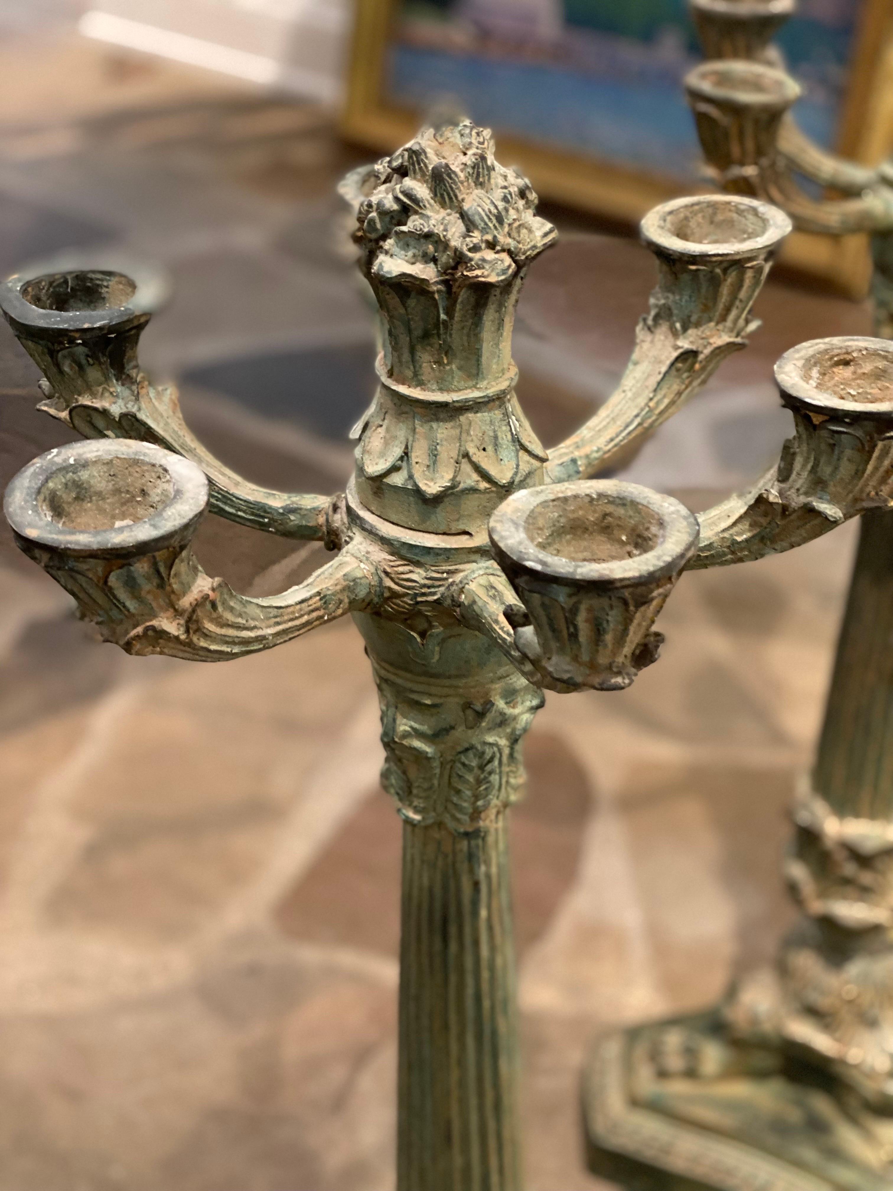 Pair of 6 Arm French Empire Neoclassical Style Iron Verdigris Table Candelabras For Sale 4