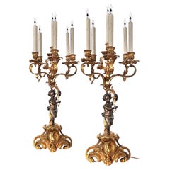 Pair of 6 Candle Electrified Gilded Bronze Putti Candelabra