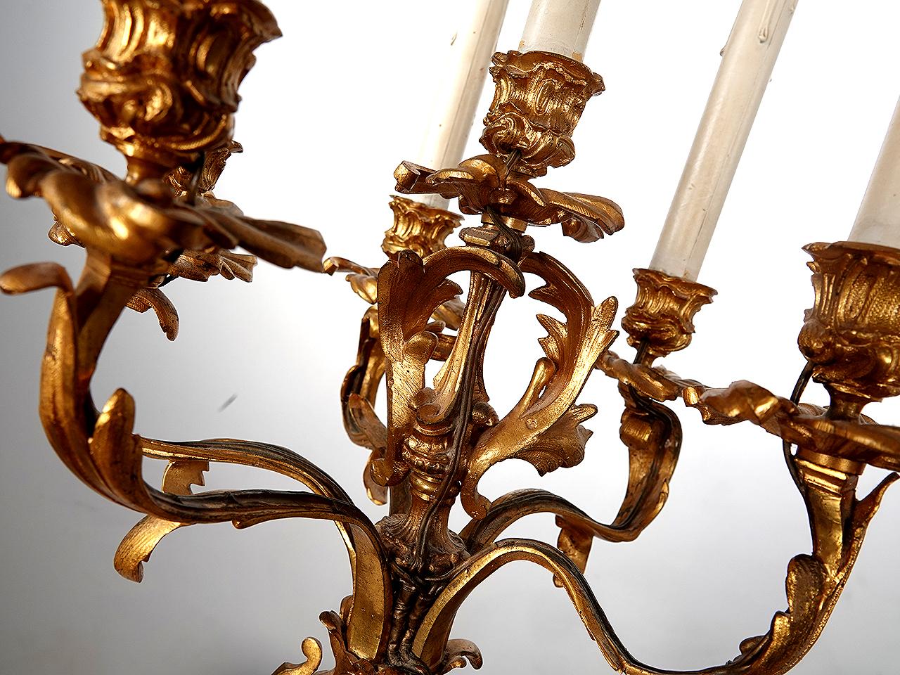19th Century Pair of 6 Candle Electrified Gilded Bronze Putti Candelabra For Sale