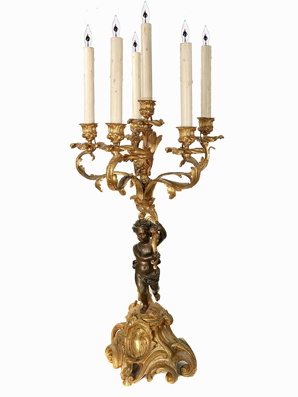 Pair of 6 Candle Electrified Gilded Bronze Putti Candelabra For Sale 1
