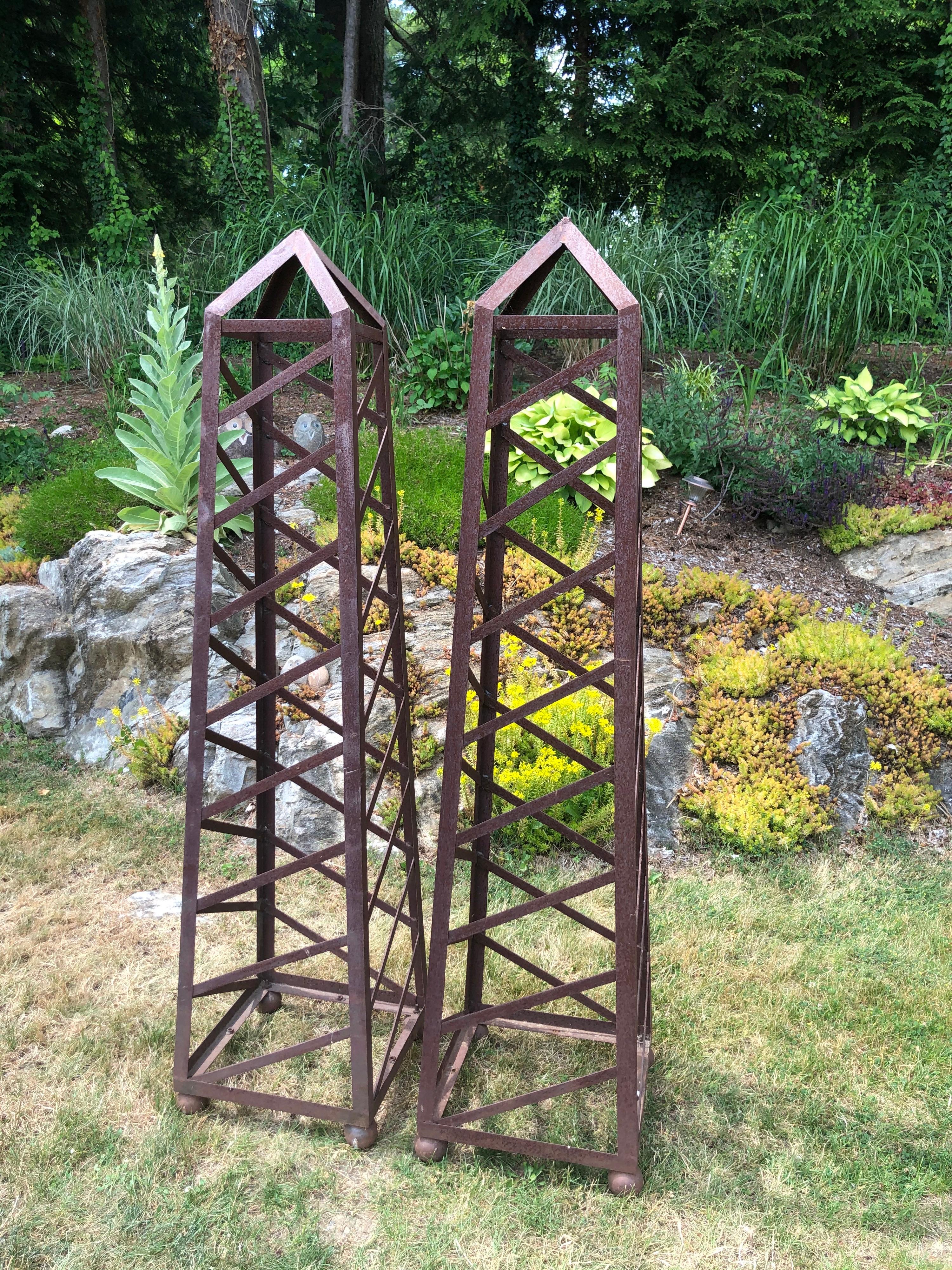 Late 20th Century Pair of 6 Ft High Vintage Iron Garden Obelisks