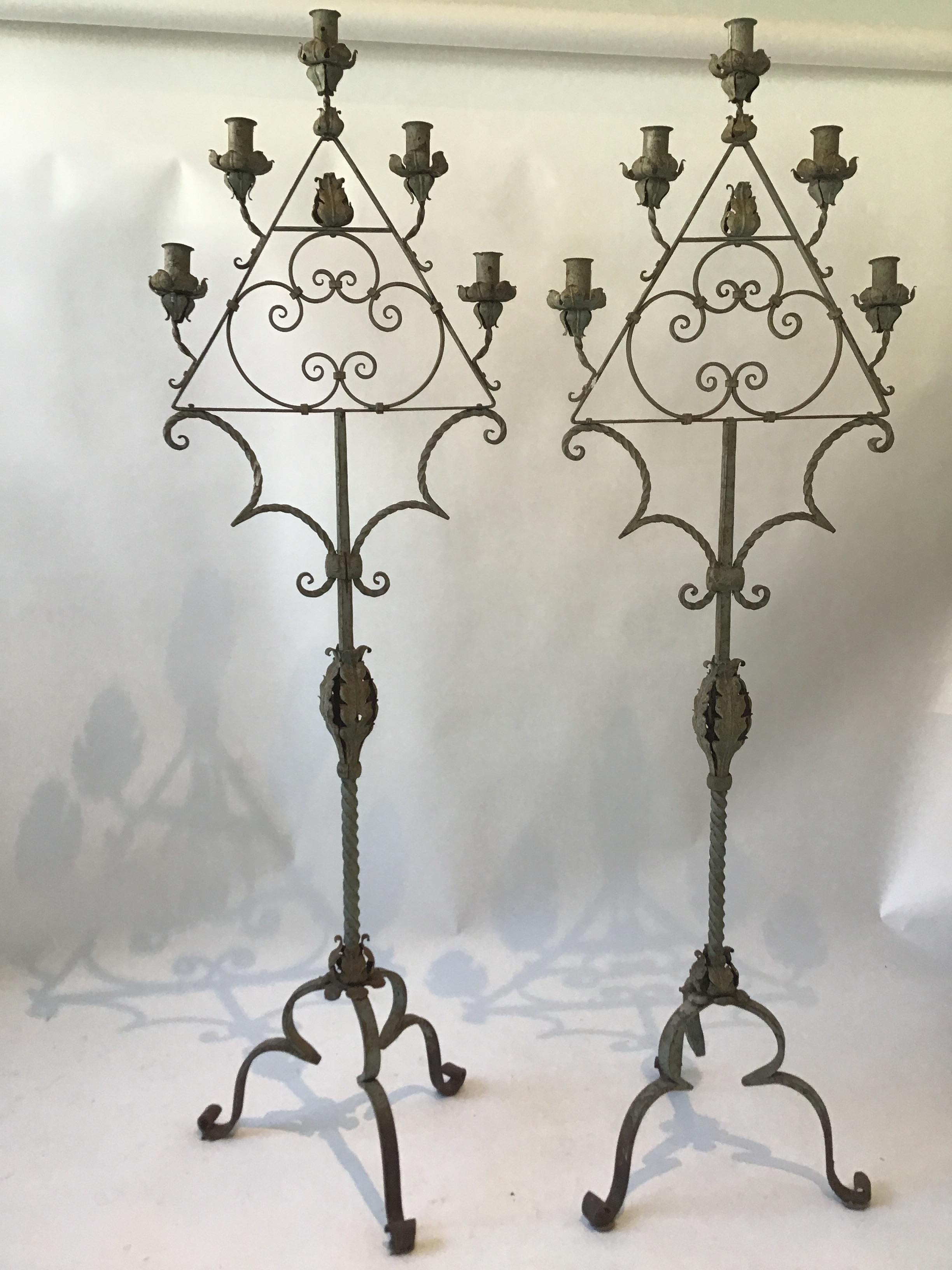 Pair of Gothic 1920s Wrought Iron Candelabras In Good Condition In Tarrytown, NY