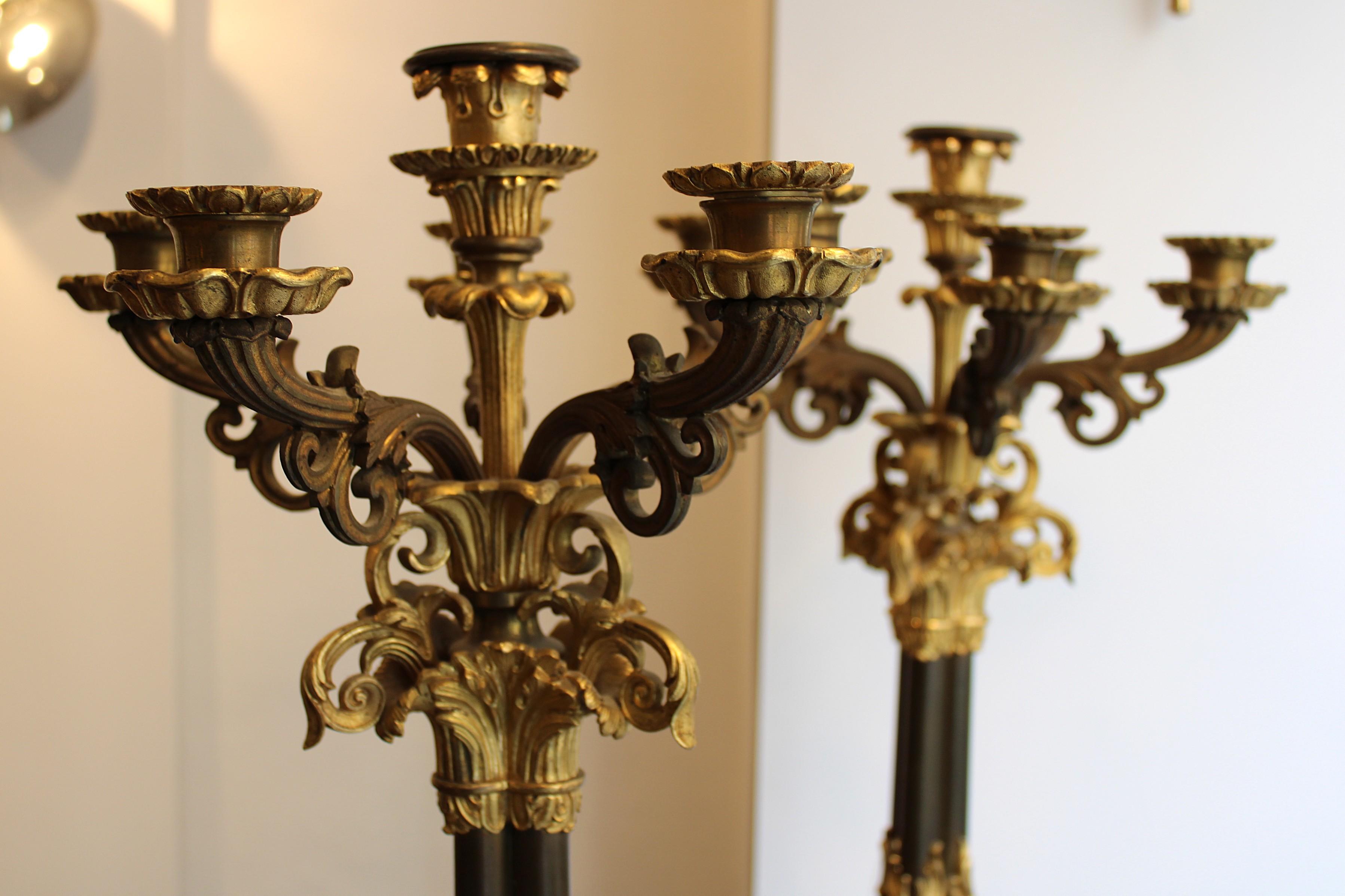 Coppia di candelabri a 6 luci in bronzo con doppia patina (bronzo dorato e bronzo patinato) 
xIX secolo
