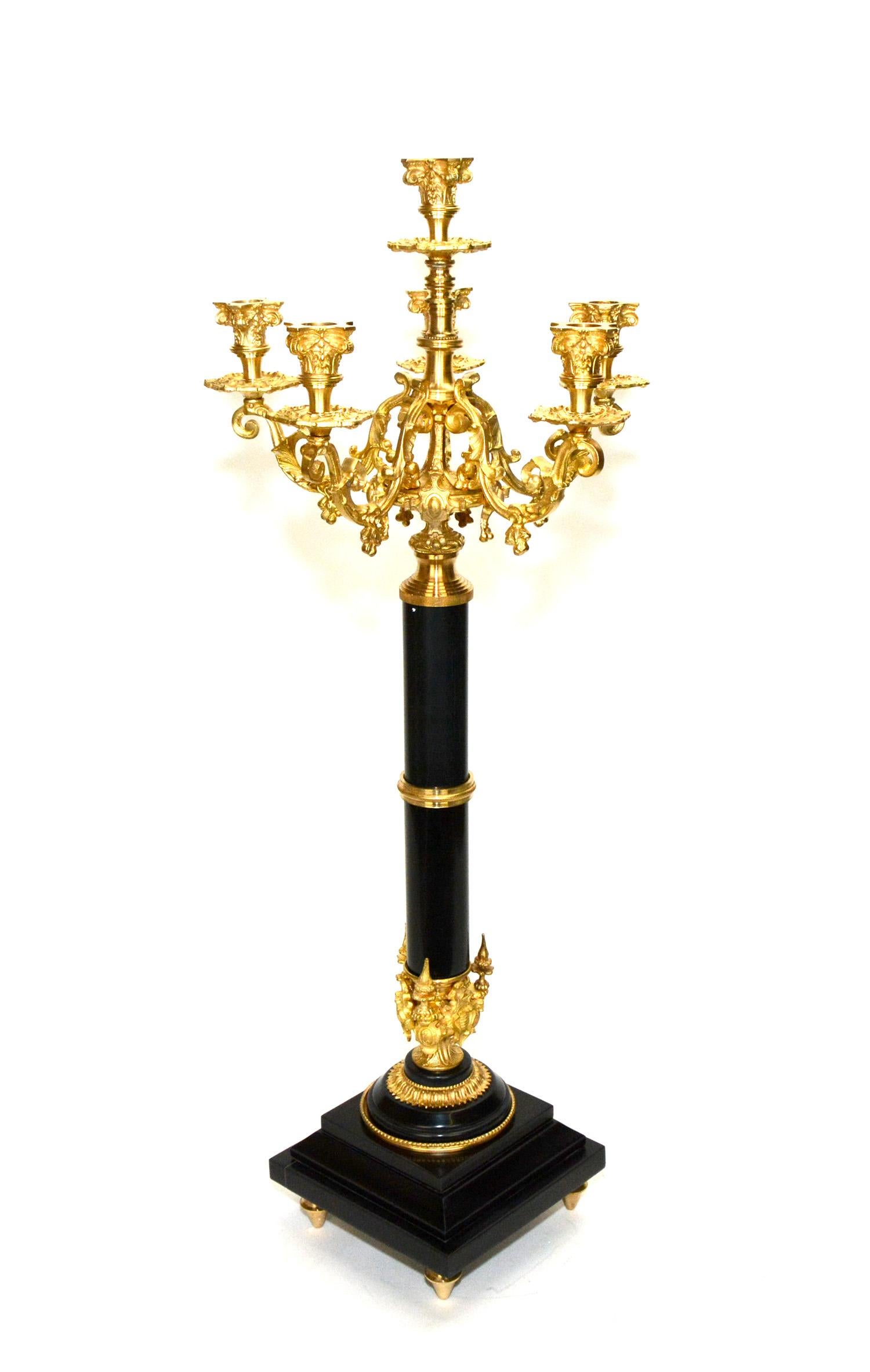 Pair of 6 Light Empire Marble Stand Bronze Candelabra In Excellent Condition For Sale In Danville, CA