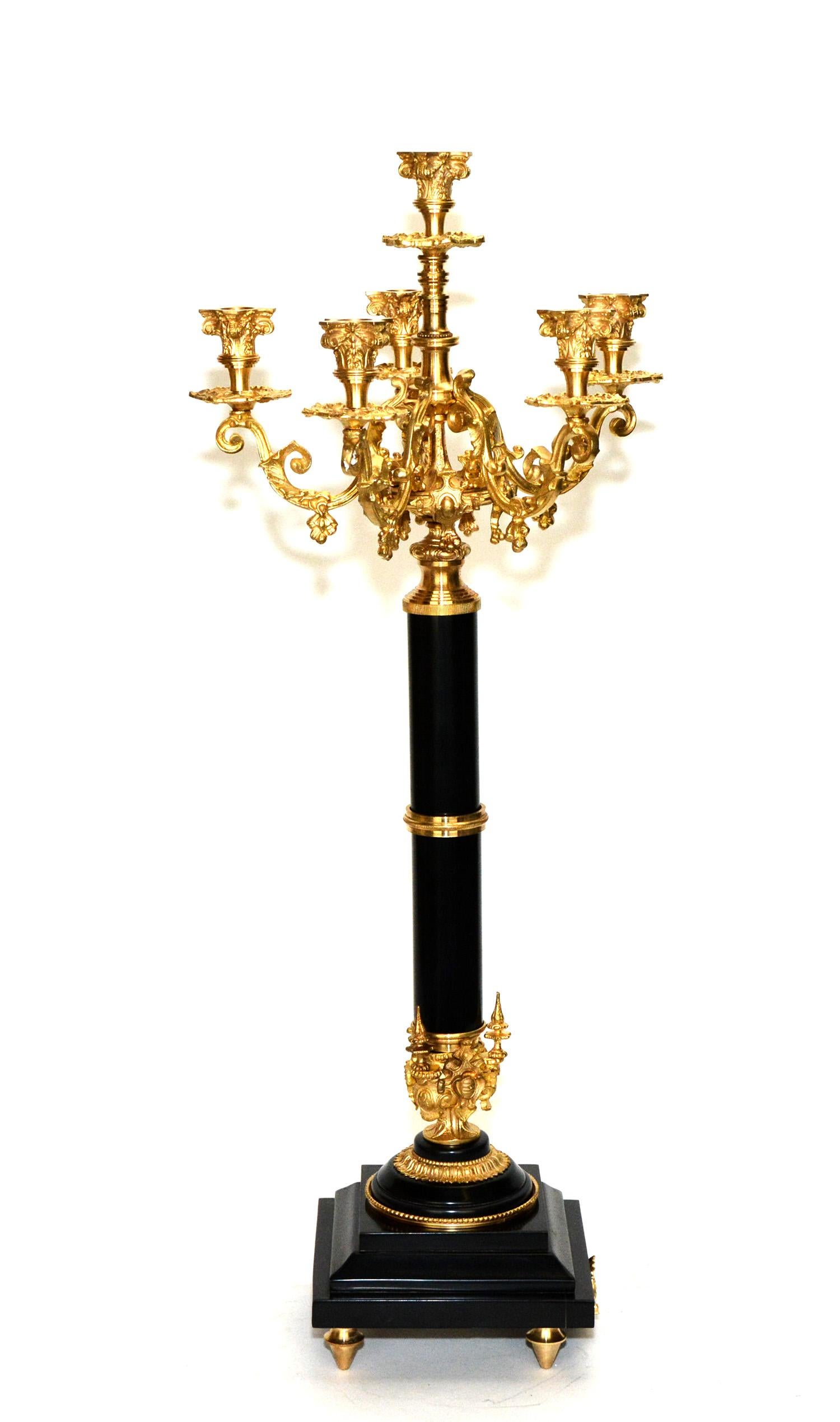 Contemporary Pair of 6 Light Empire Marble Stand Bronze Candelabra For Sale