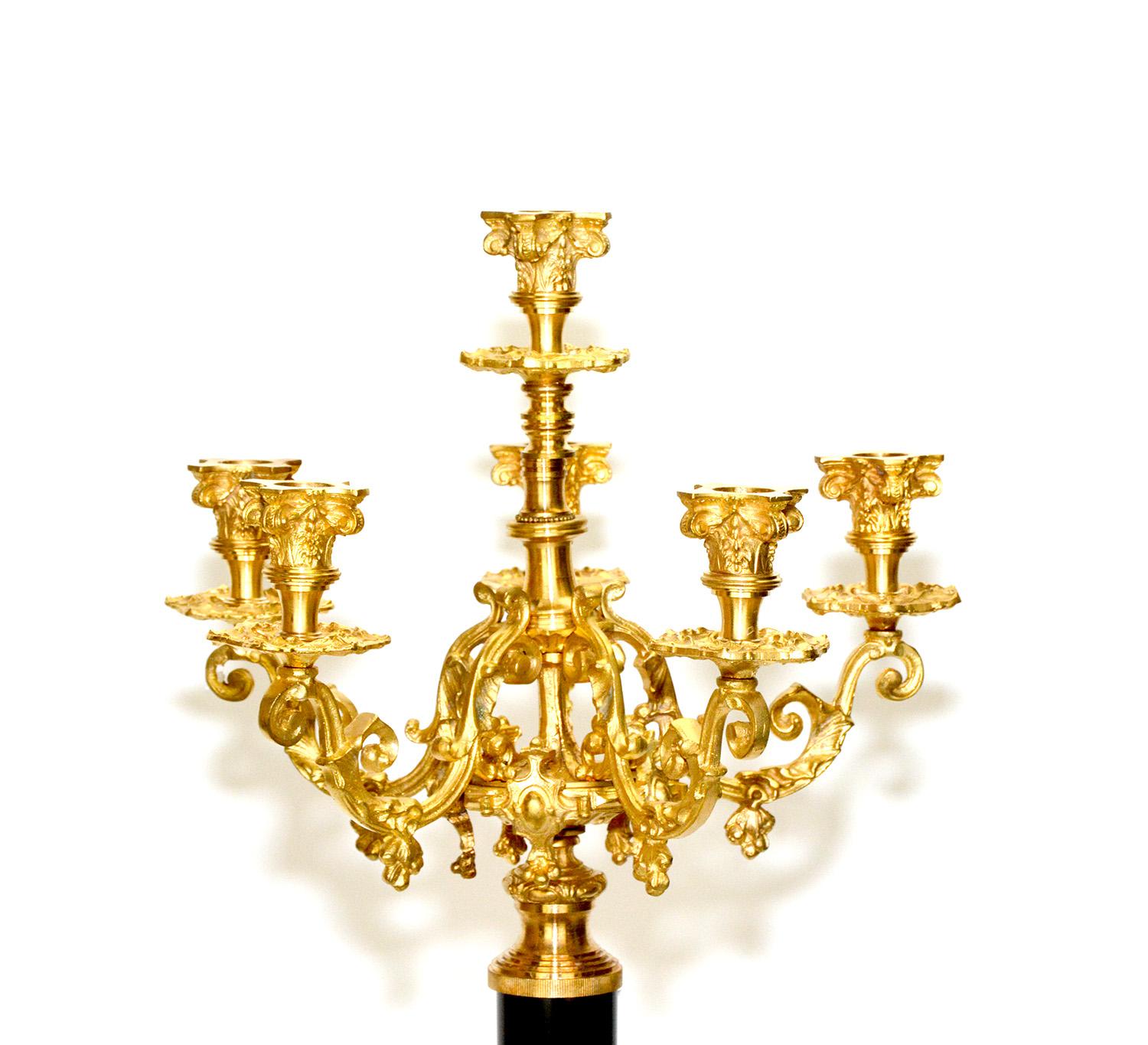 Brass Pair of 6 Light Empire Marble Stand Bronze Candelabra For Sale
