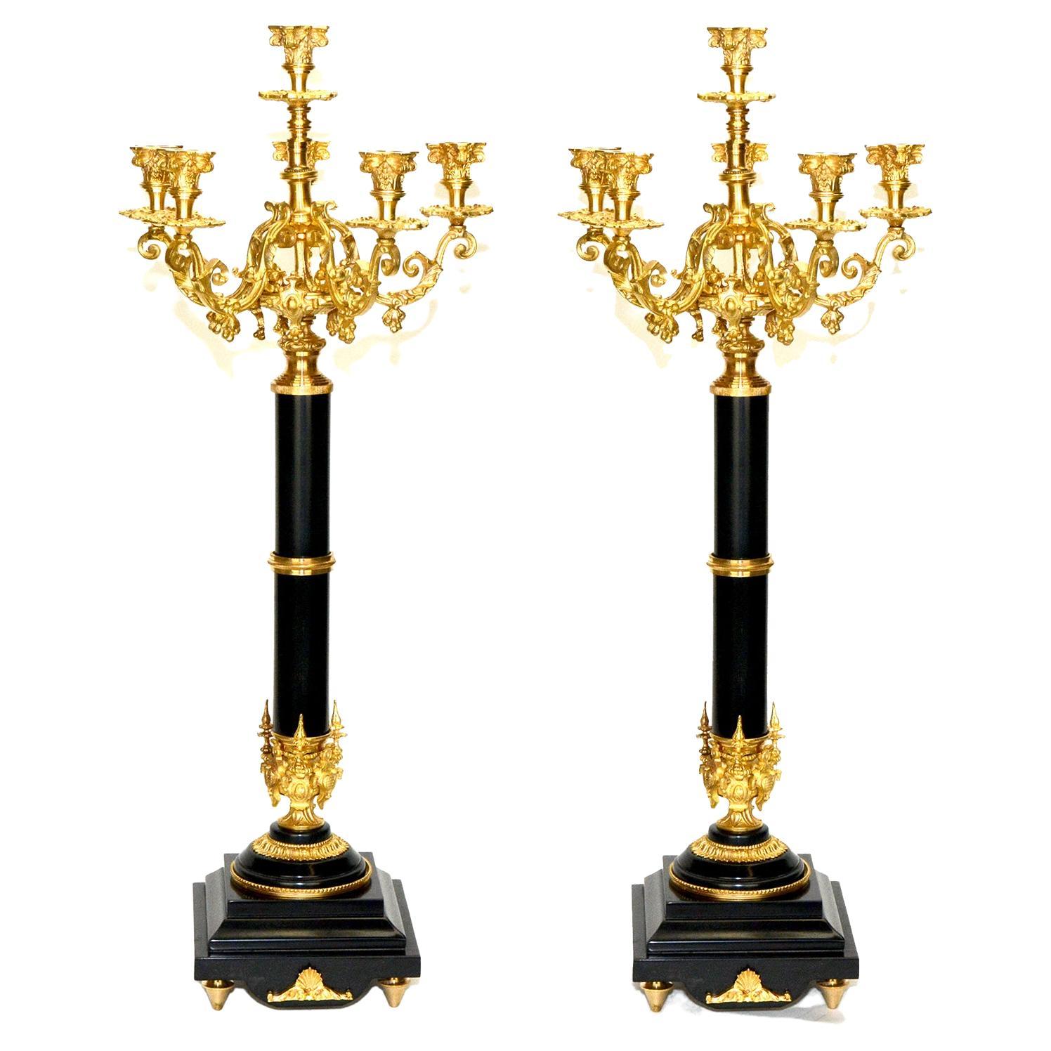 Pair of 6 Light Empire Marble Stand Bronze Candelabra For Sale