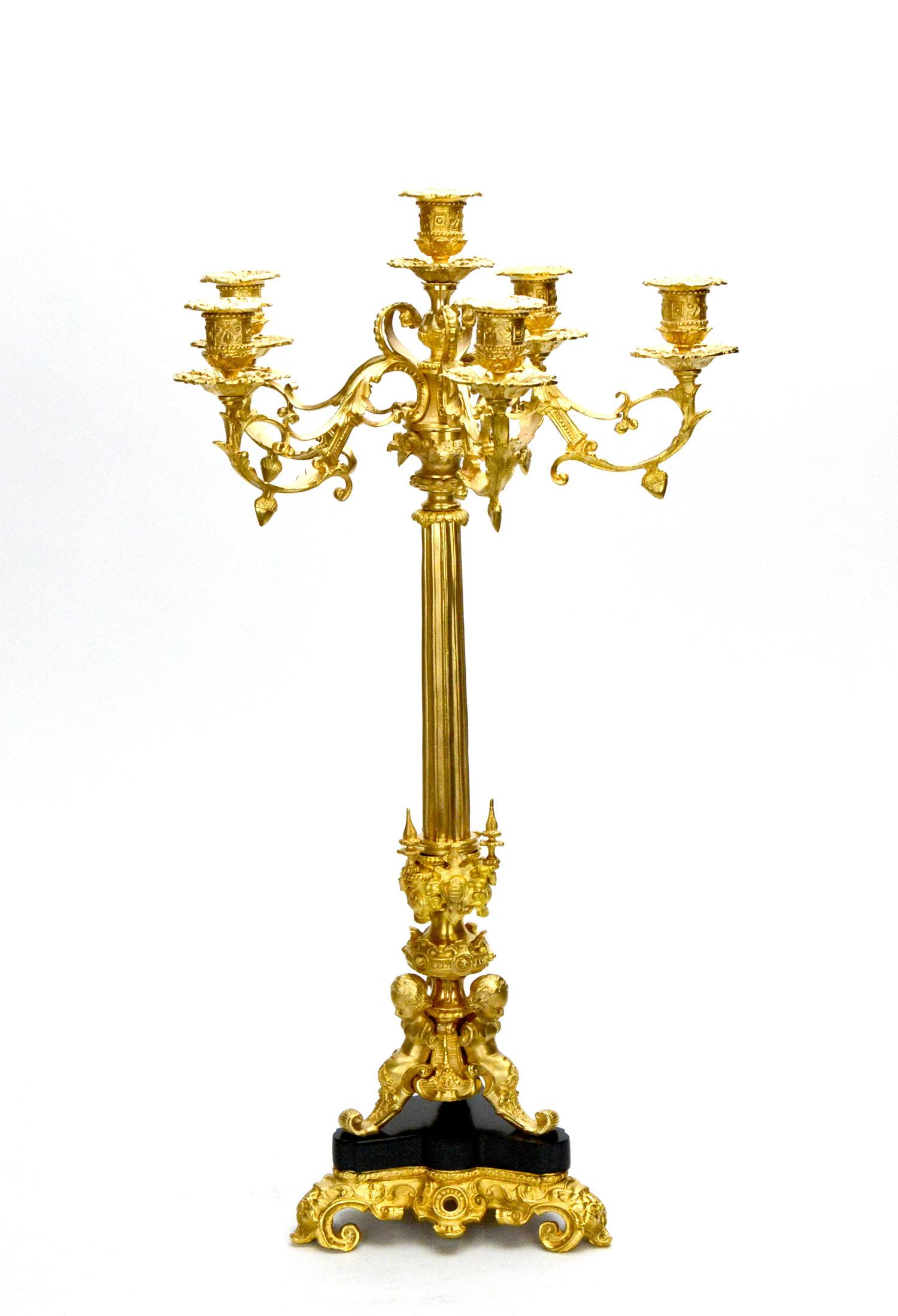Pair of 6 Light Gold Plated Cherub Marble Empire Bronze Candelabra In Excellent Condition For Sale In Danville, CA