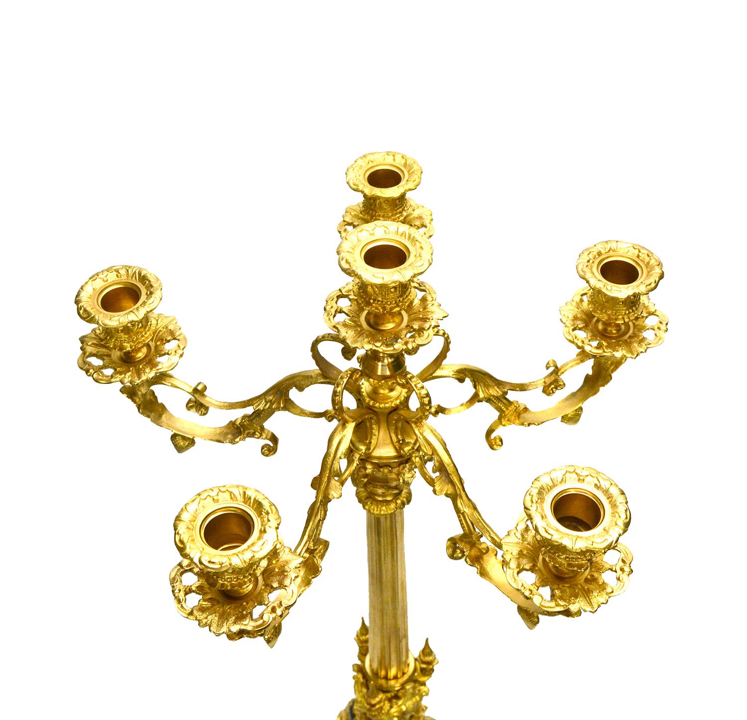 Contemporary Pair of 6 Light Gold Plated Cherub Marble Empire Bronze Candelabra For Sale