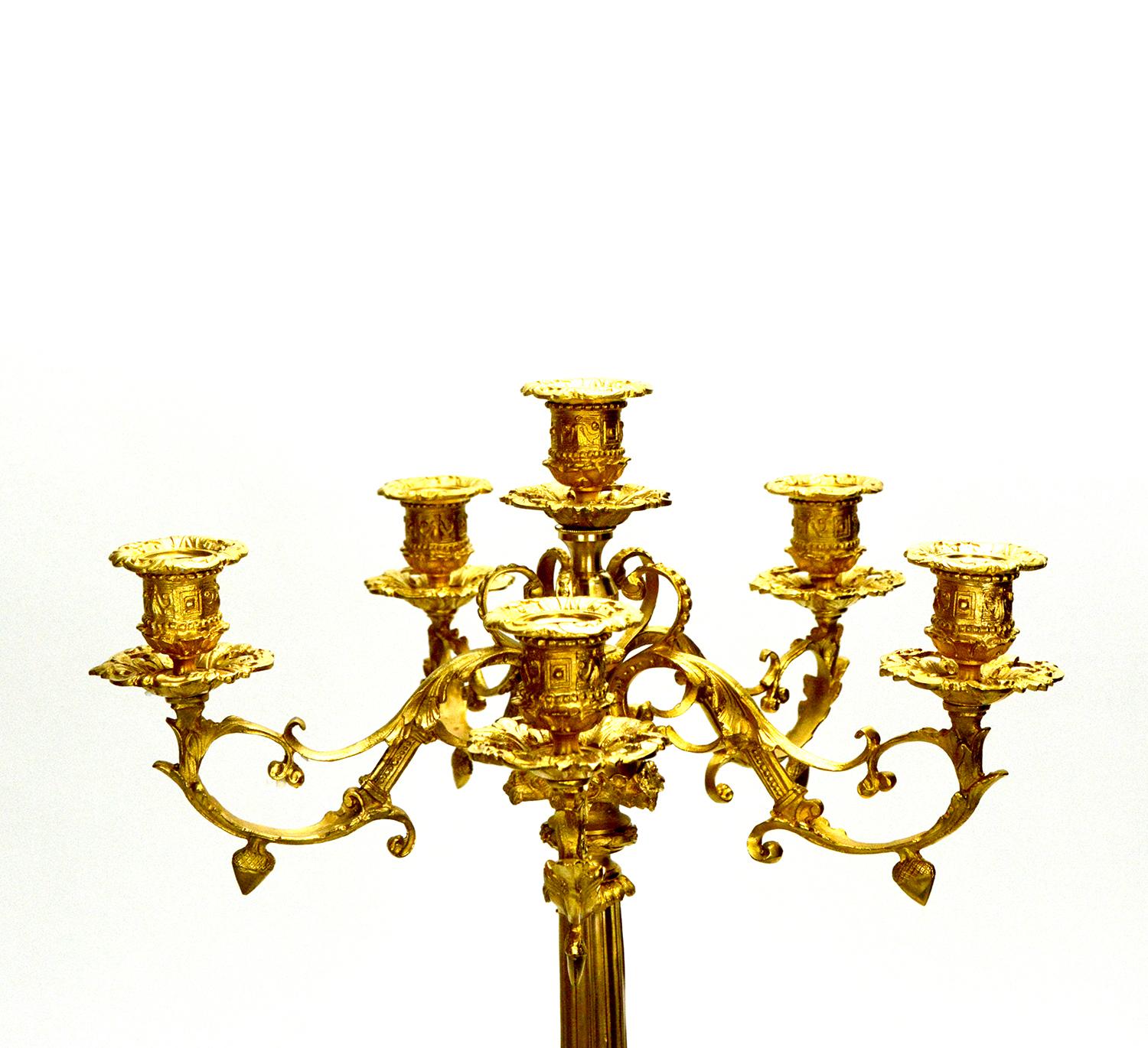 Brass Pair of 6 Light Gold Plated Cherub Marble Empire Bronze Candelabra For Sale