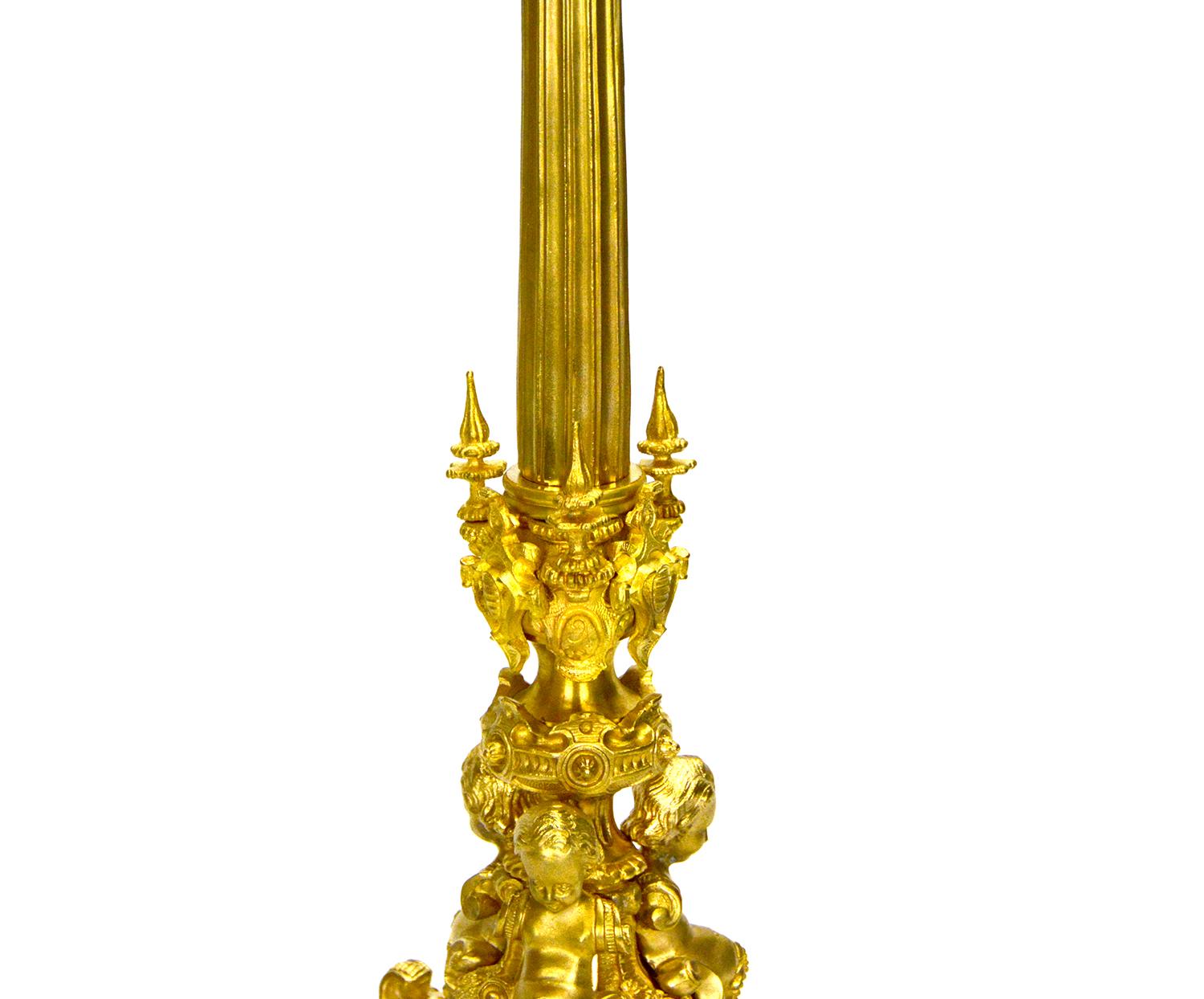 Pair of 6 Light Gold Plated Cherub Marble Empire Bronze Candelabra For Sale 1