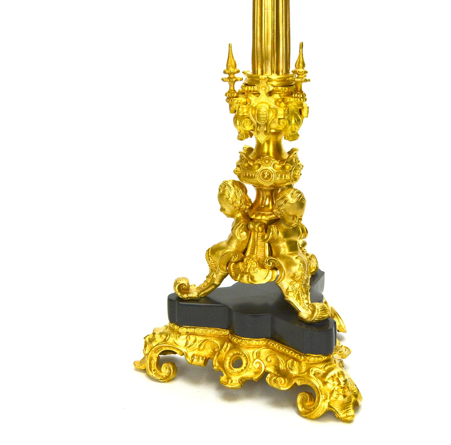 Pair of 6 Light Gold Plated Cherub Marble Empire Bronze Candelabra For Sale 2
