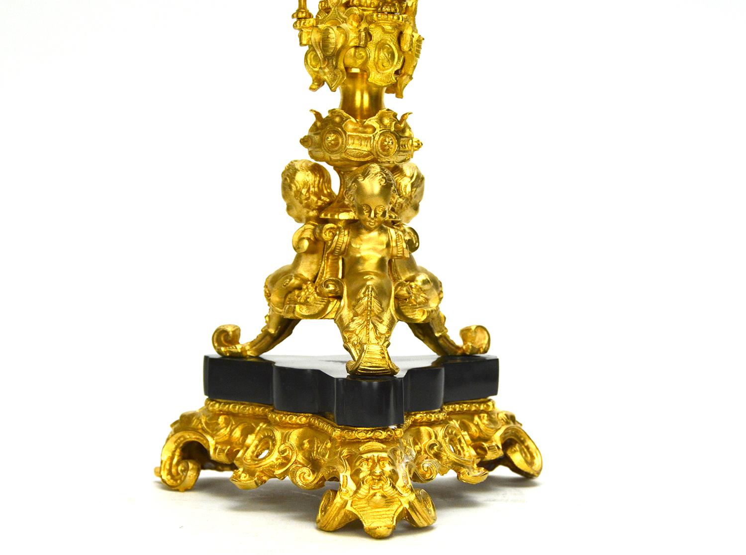 Pair of 6 Light Gold Plated Cherub Marble Empire Bronze Candelabra For Sale 3