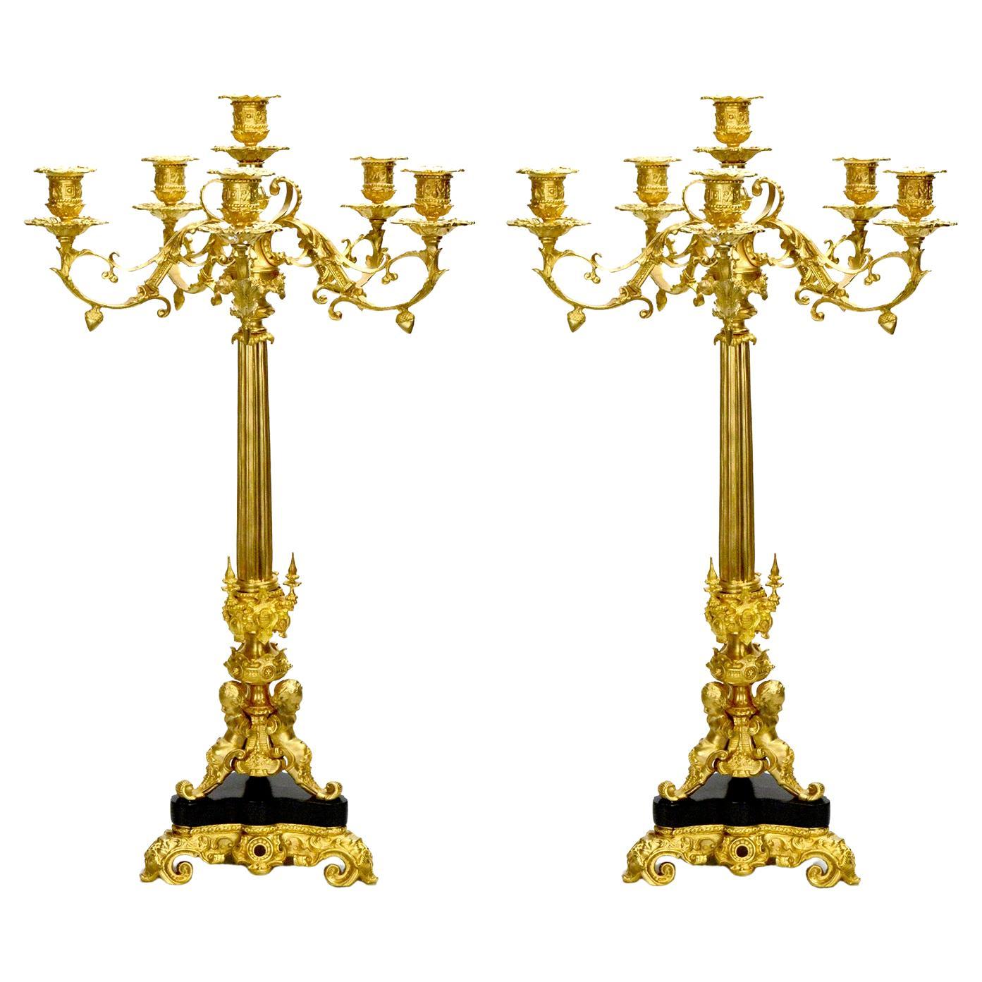 Pair of 6 Light Gold Plated Cherub Marble Empire Bronze Candelabra For Sale