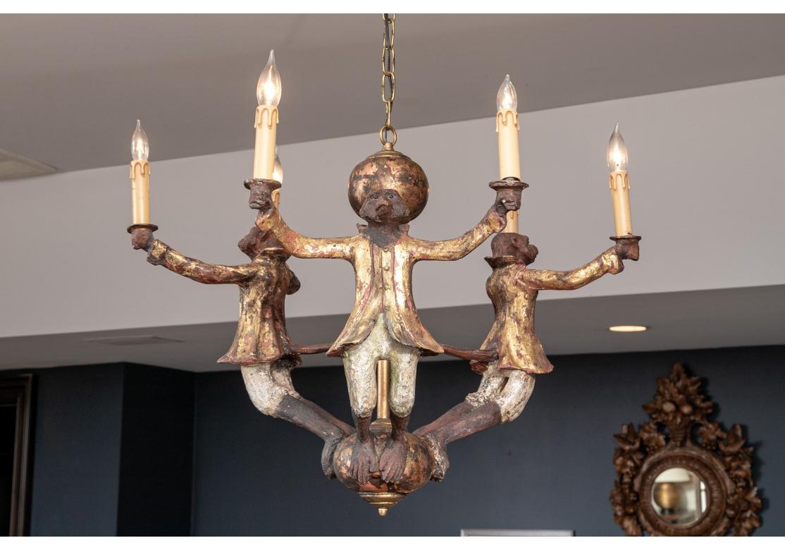 Hand-Painted Pair of 6 Light Monkey Form Chandeliers in the Manner of Bill Huebbe