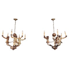 Pair of 6 Light Monkey Form Chandeliers in the Manner of Bill Huebbe