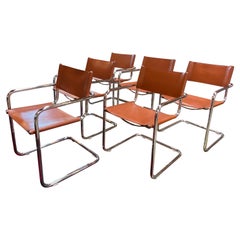 Pair of 6 Mart Stam Italian Leather Armchairs, 1950s