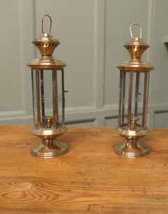Pair of 6 sided Vintage Candle Etched Glass Carrying Lanterns