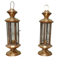 Pair of 6 sided Vintage Candle Etched Glass Carrying Lanterns