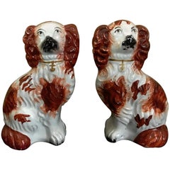 Antique Pair of #6 Staffordshire England Red Seated Spaniel Dogs