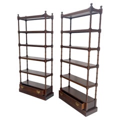 Pair of 6 Tier Faux Bamboo Bottom Drawer Cherry Bookcases Round Ball Finials