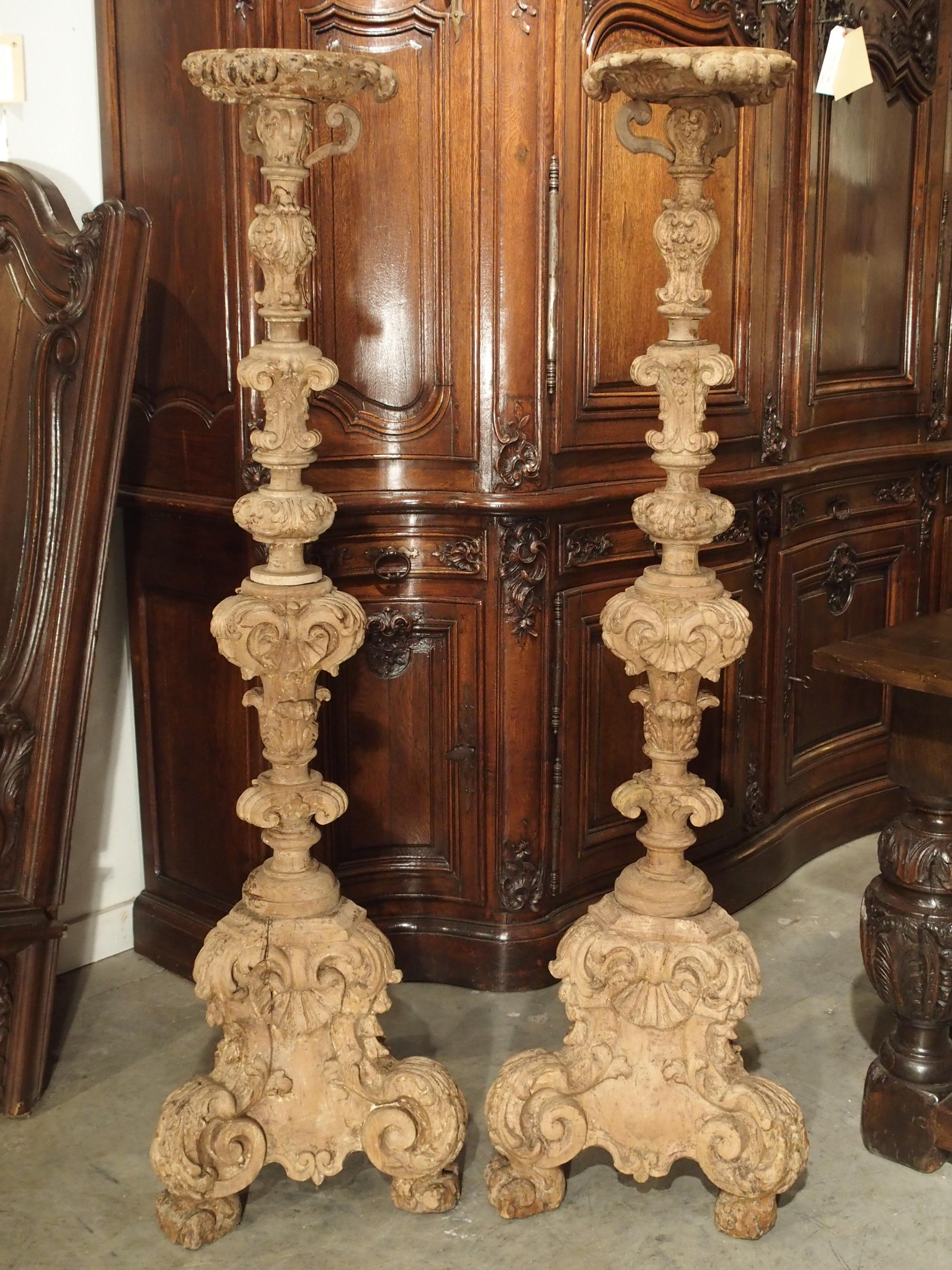 Pair of 17th Century Light Walnut Wood Candlesticks from France 6