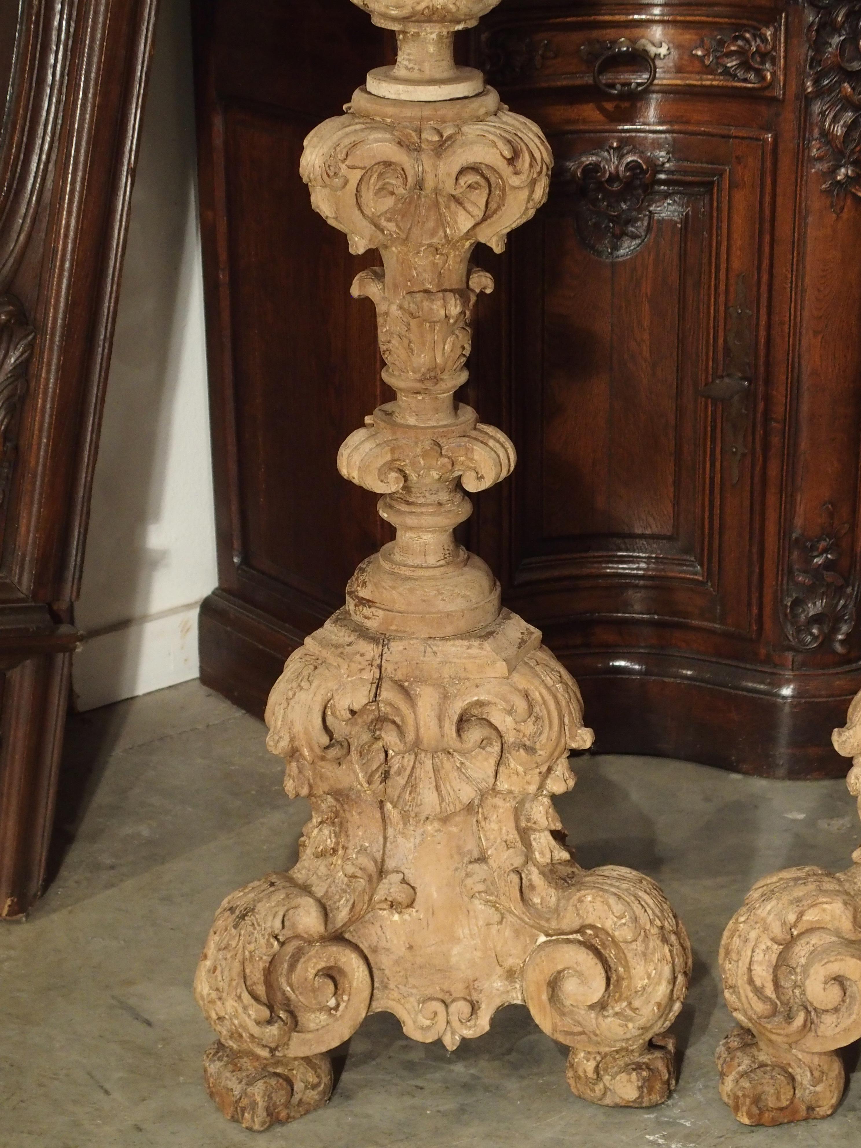Pair of 17th Century Light Walnut Wood Candlesticks from France 7