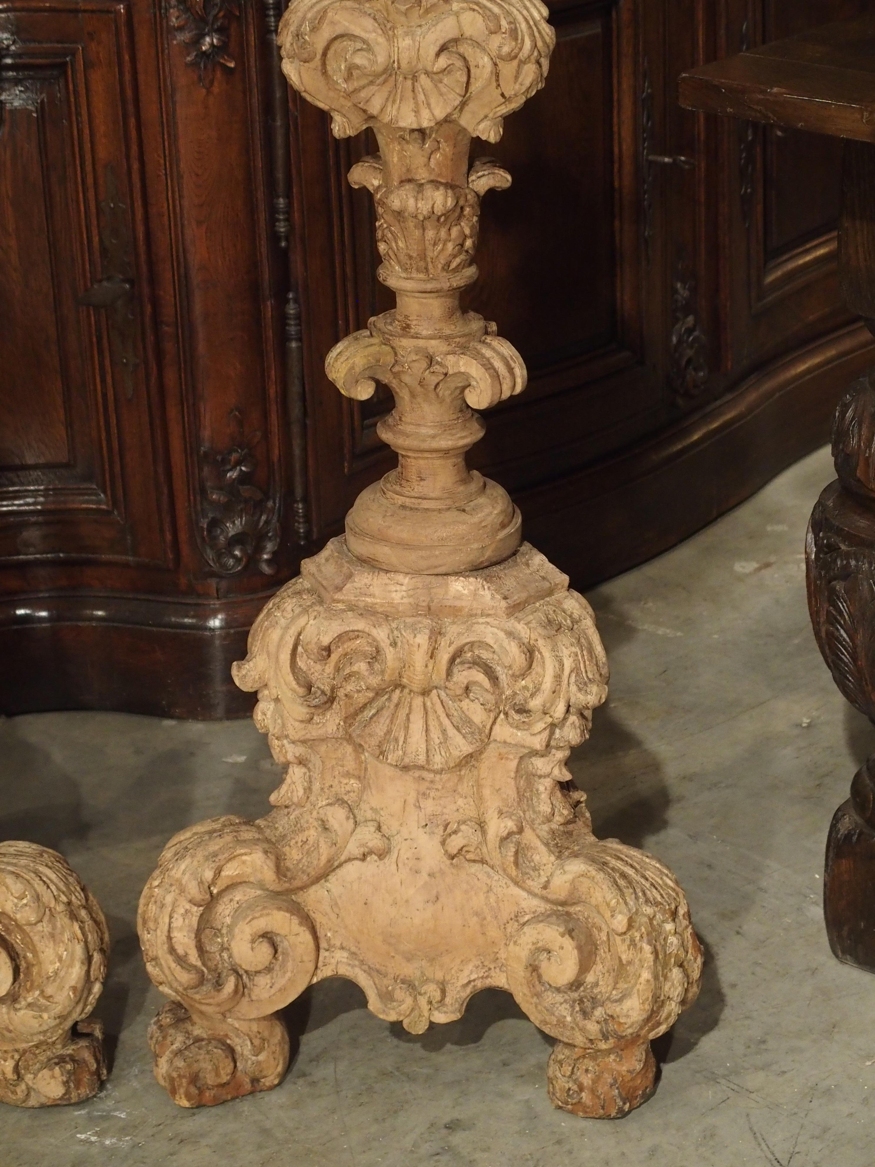 Pair of 17th Century Light Walnut Wood Candlesticks from France 8