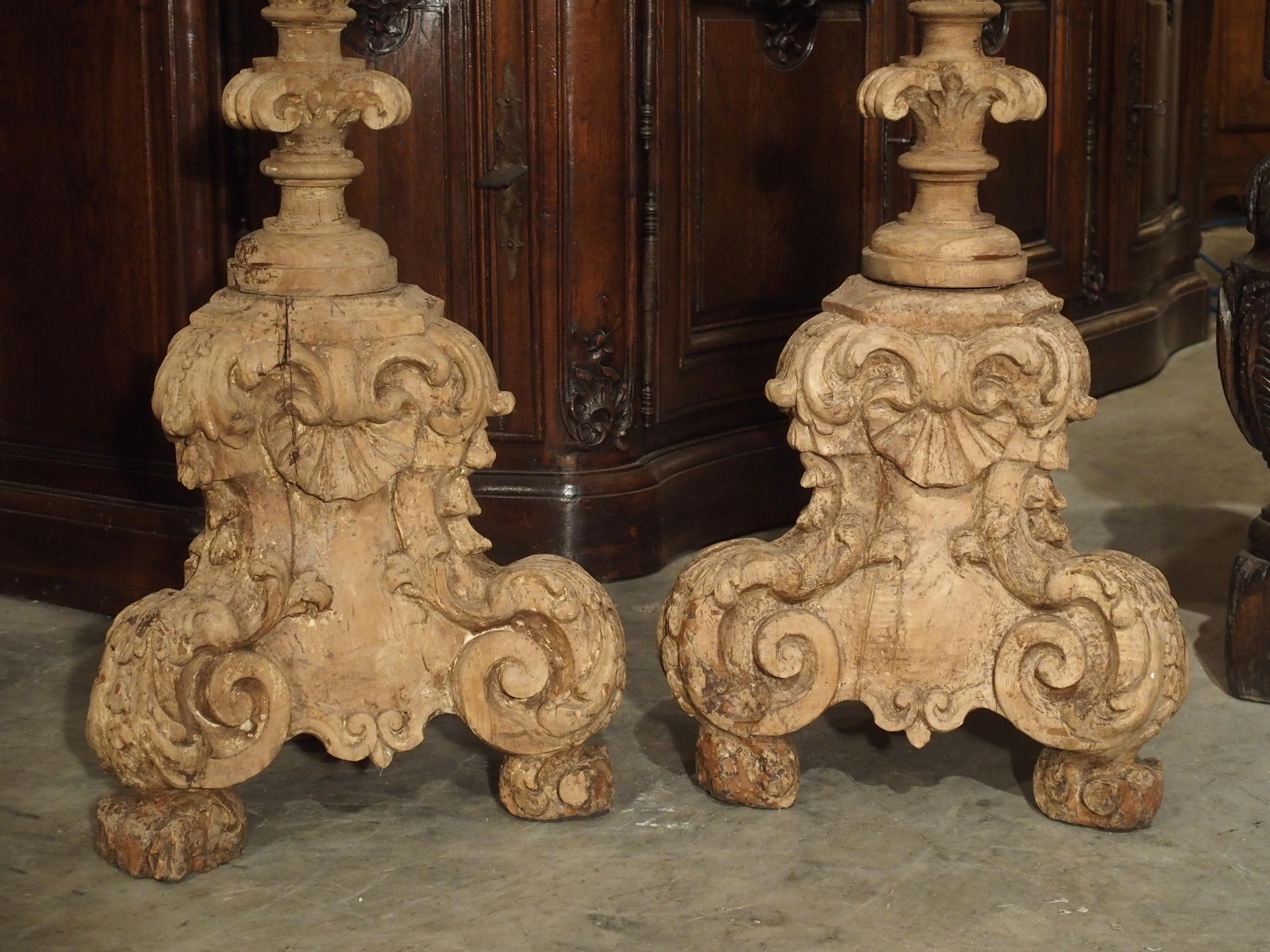 Pair of 17th Century Light Walnut Wood Candlesticks from France 11