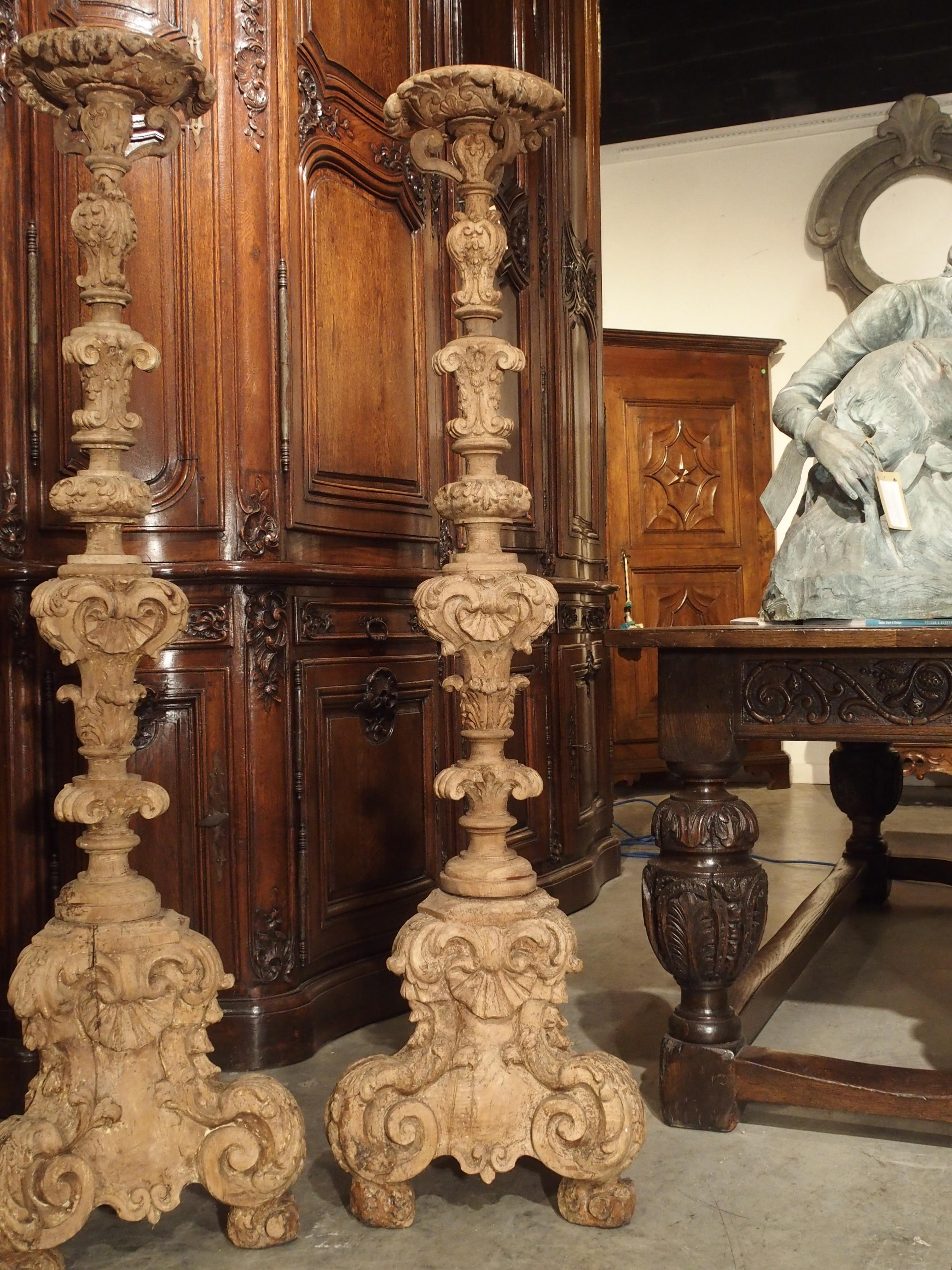 Pair of 17th Century Light Walnut Wood Candlesticks from France 13