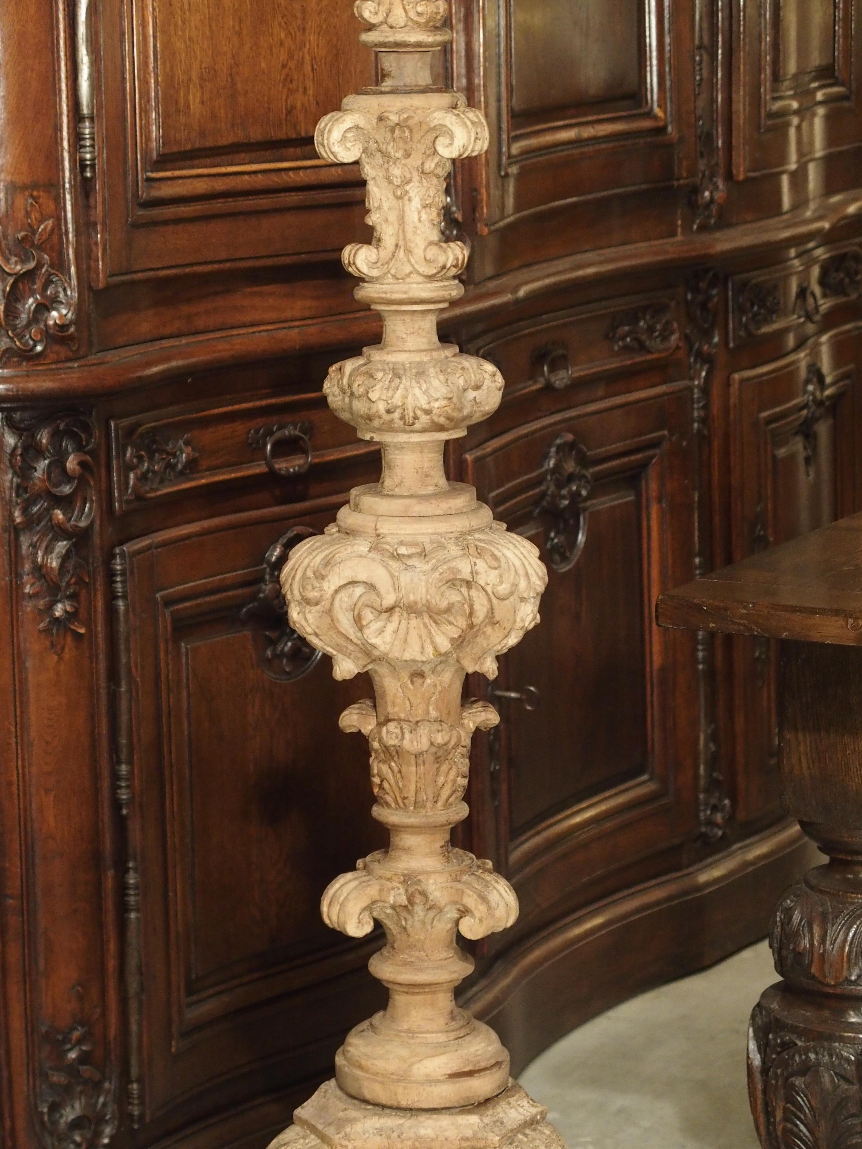 Pair of 17th Century Light Walnut Wood Candlesticks from France 14