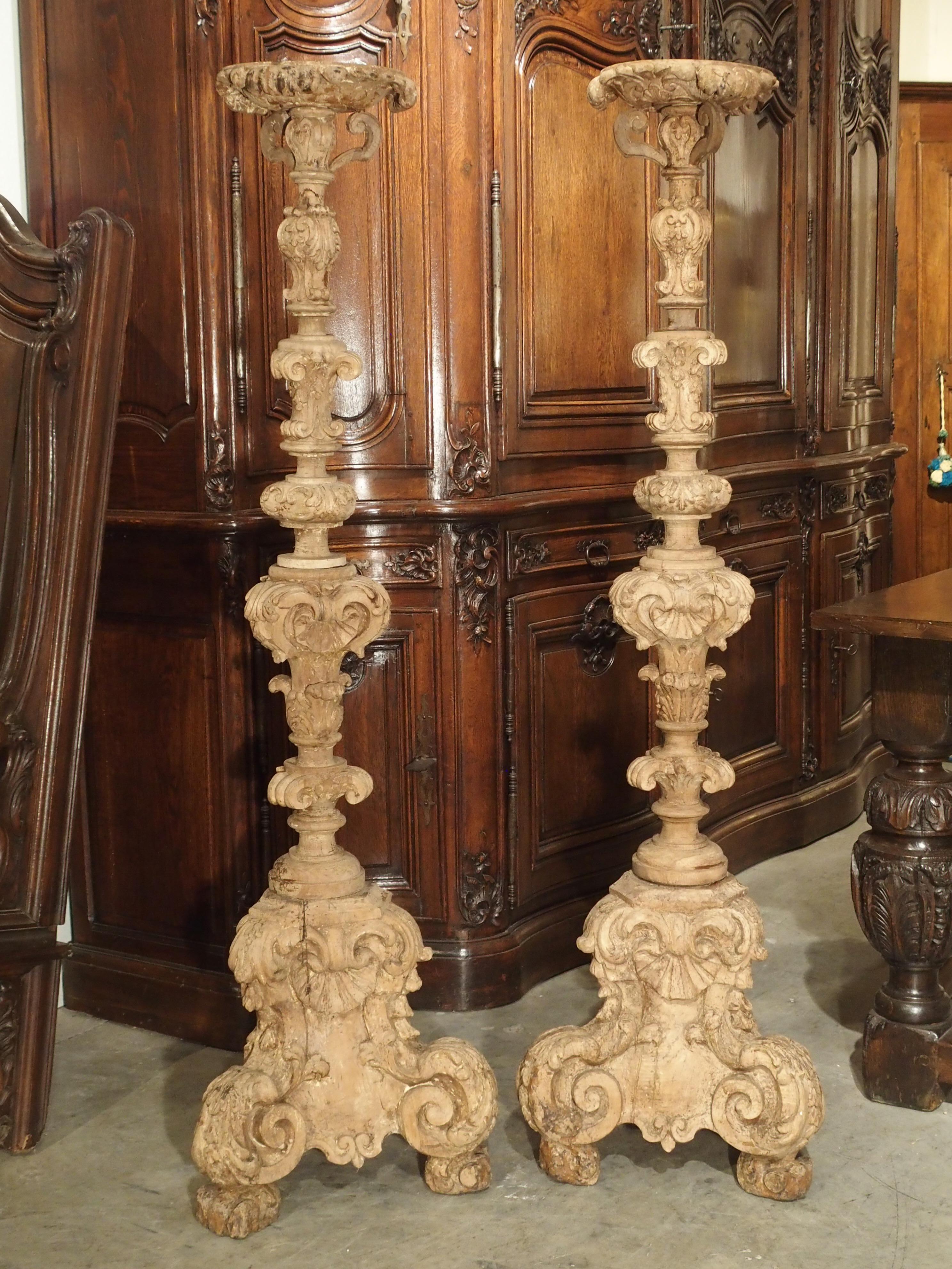 Pair of 17th Century Light Walnut Wood Candlesticks from France 15