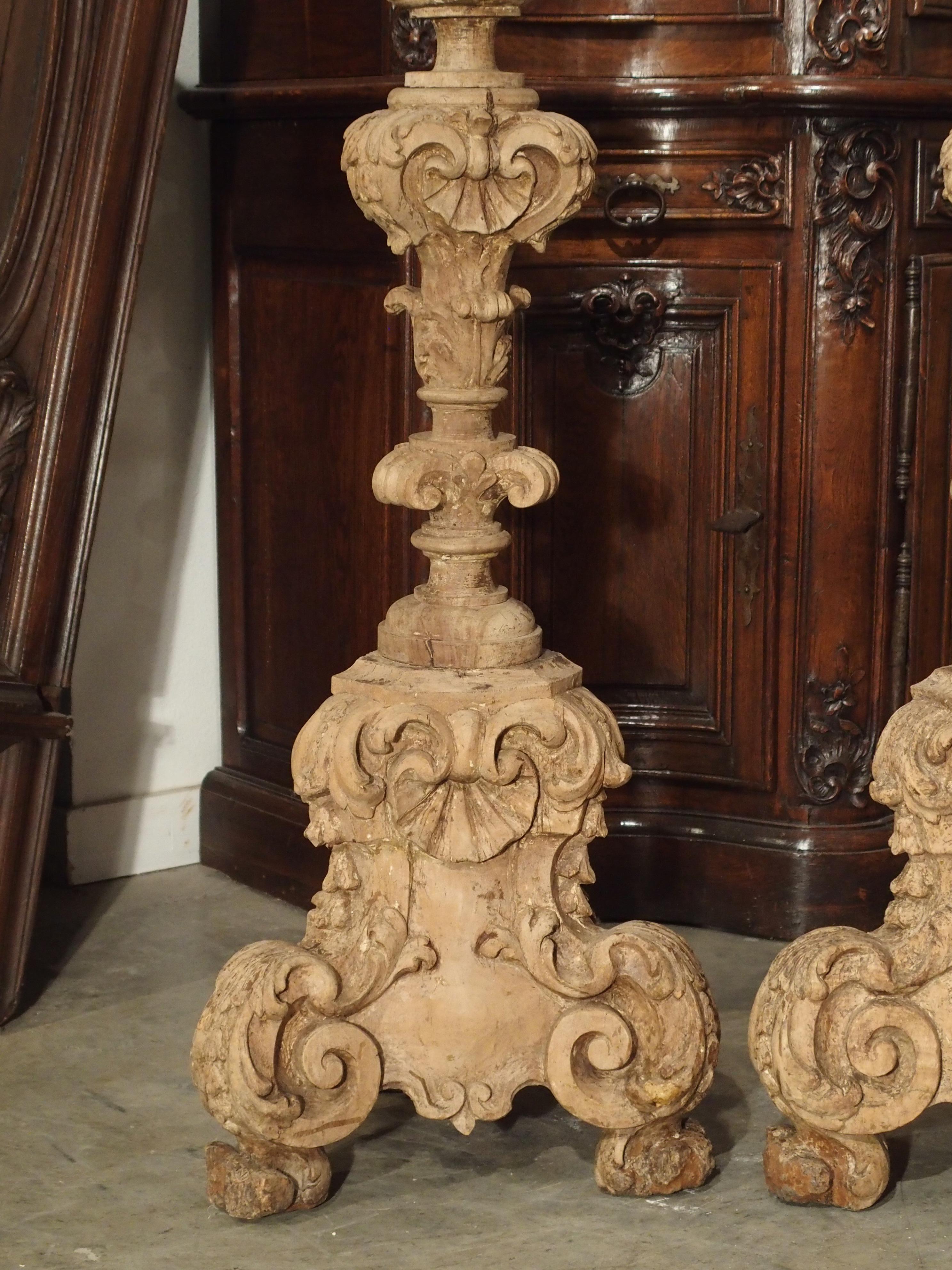 French Pair of 17th Century Light Walnut Wood Candlesticks from France