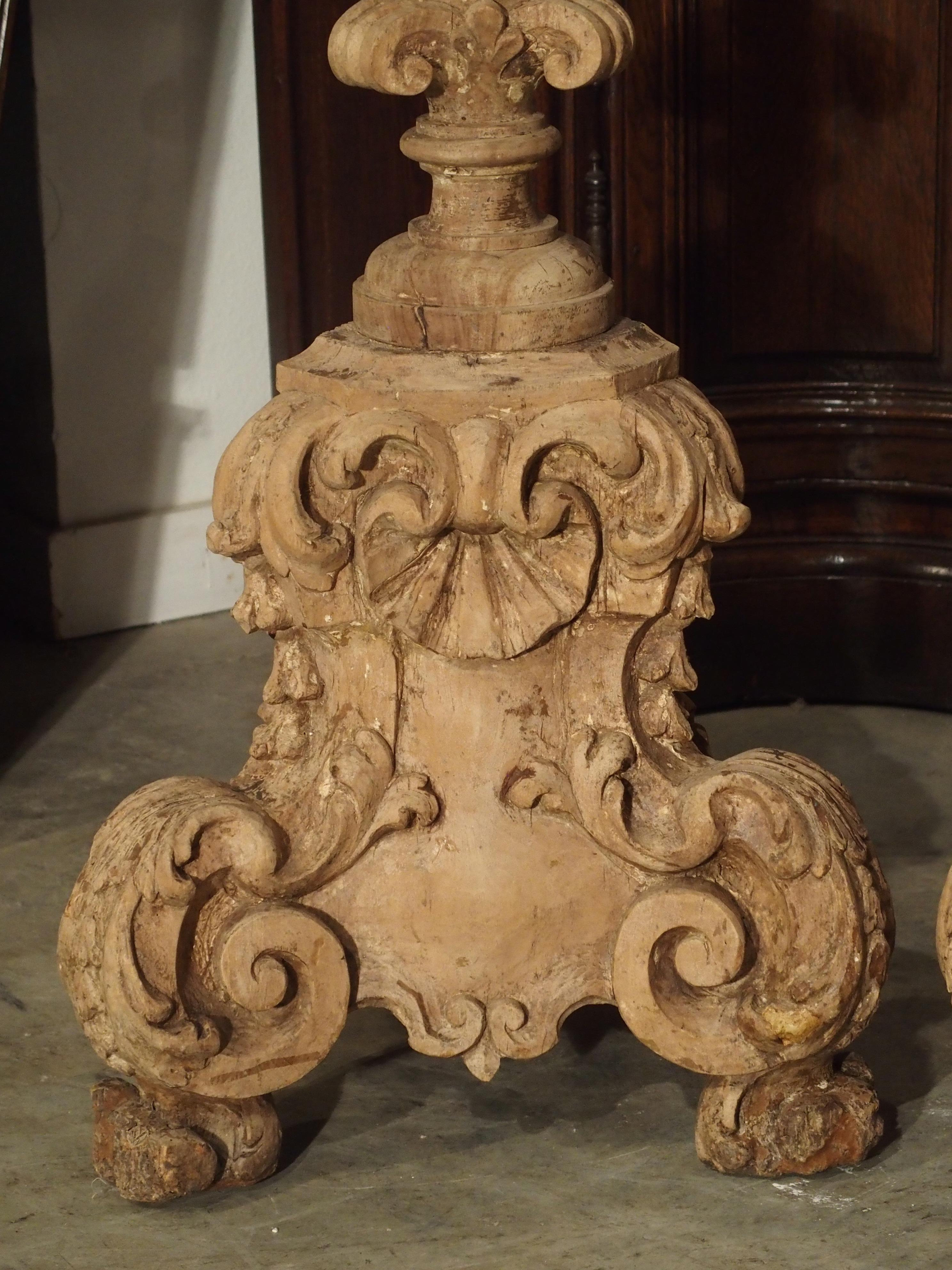 Pair of 17th Century Light Walnut Wood Candlesticks from France 3