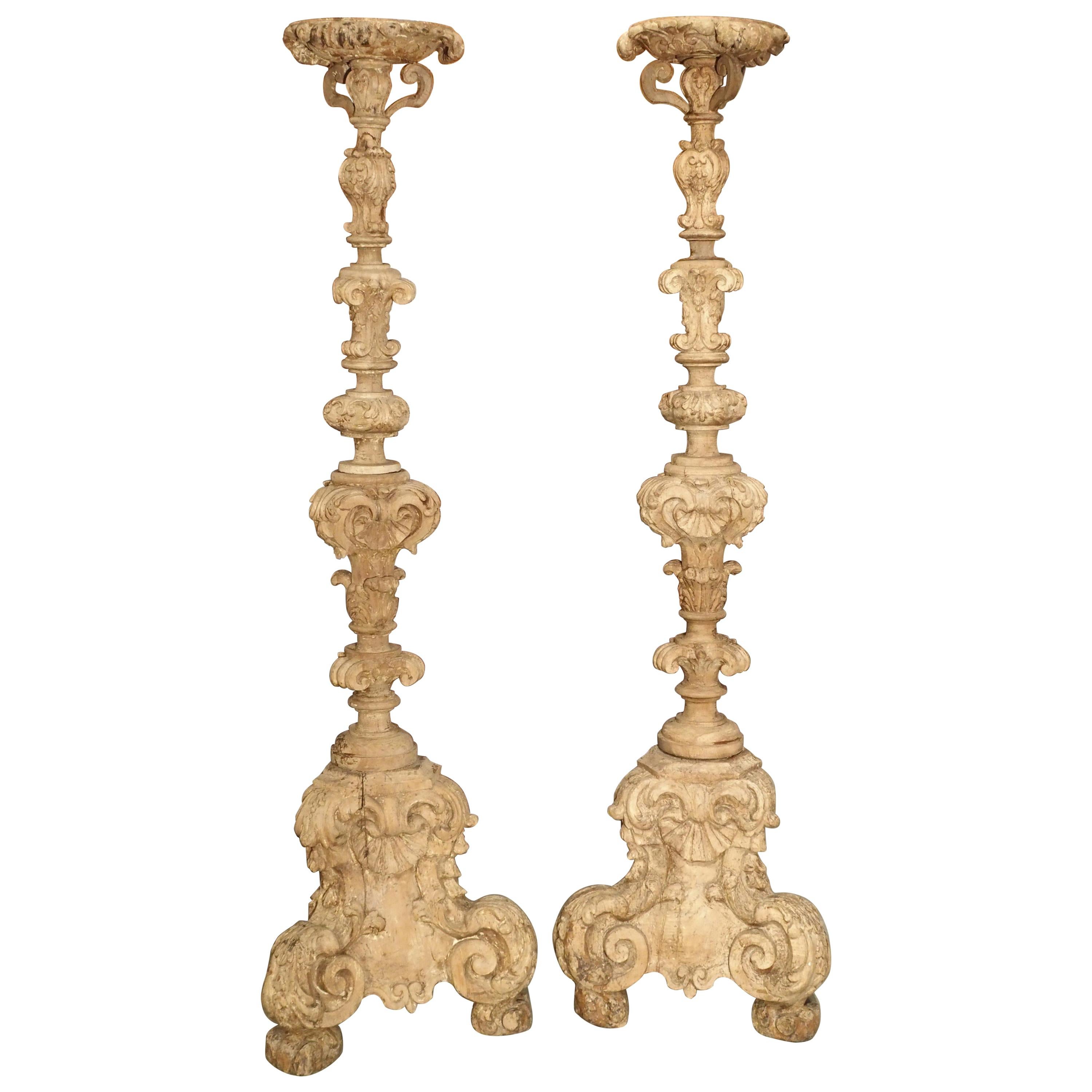 Pair of 17th Century Light Walnut Wood Candlesticks from France