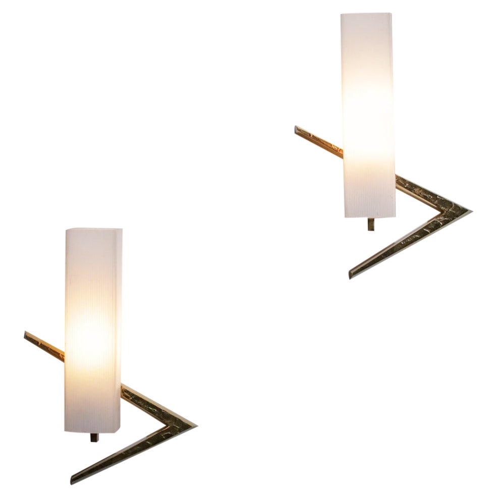 Pair of 60's Arlus Sconces Opaline Square Gilt Bronze E130