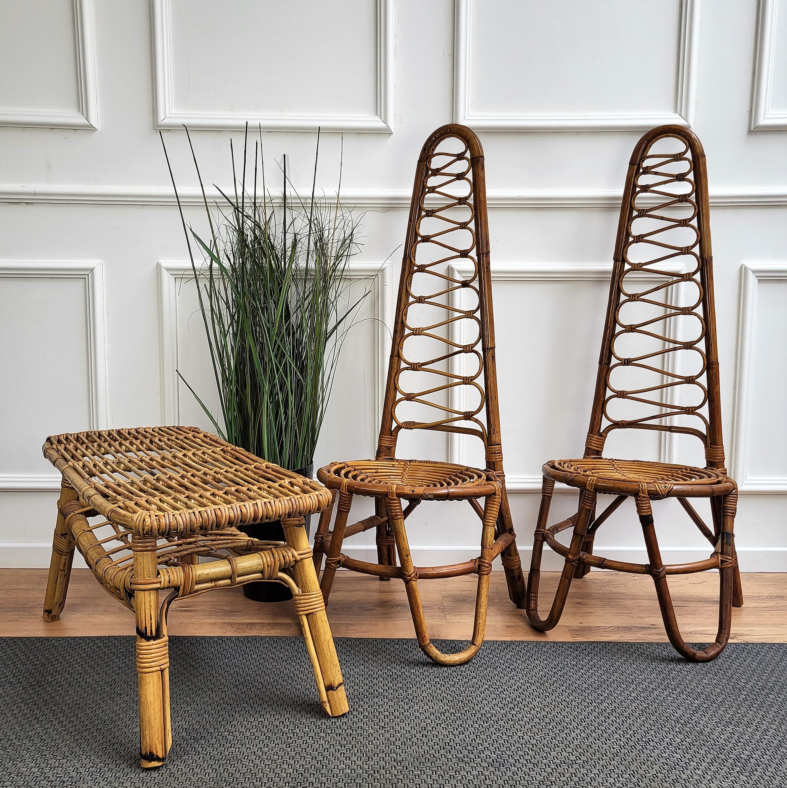 Beautiful 1960s pair of bamboo chairs in the design of Dirk Van Sliedrecht. These charming Mid-Century Modern pieces with the unique design and tall high back where the organic beauty of the woven materials is timeless and classic are incredibly