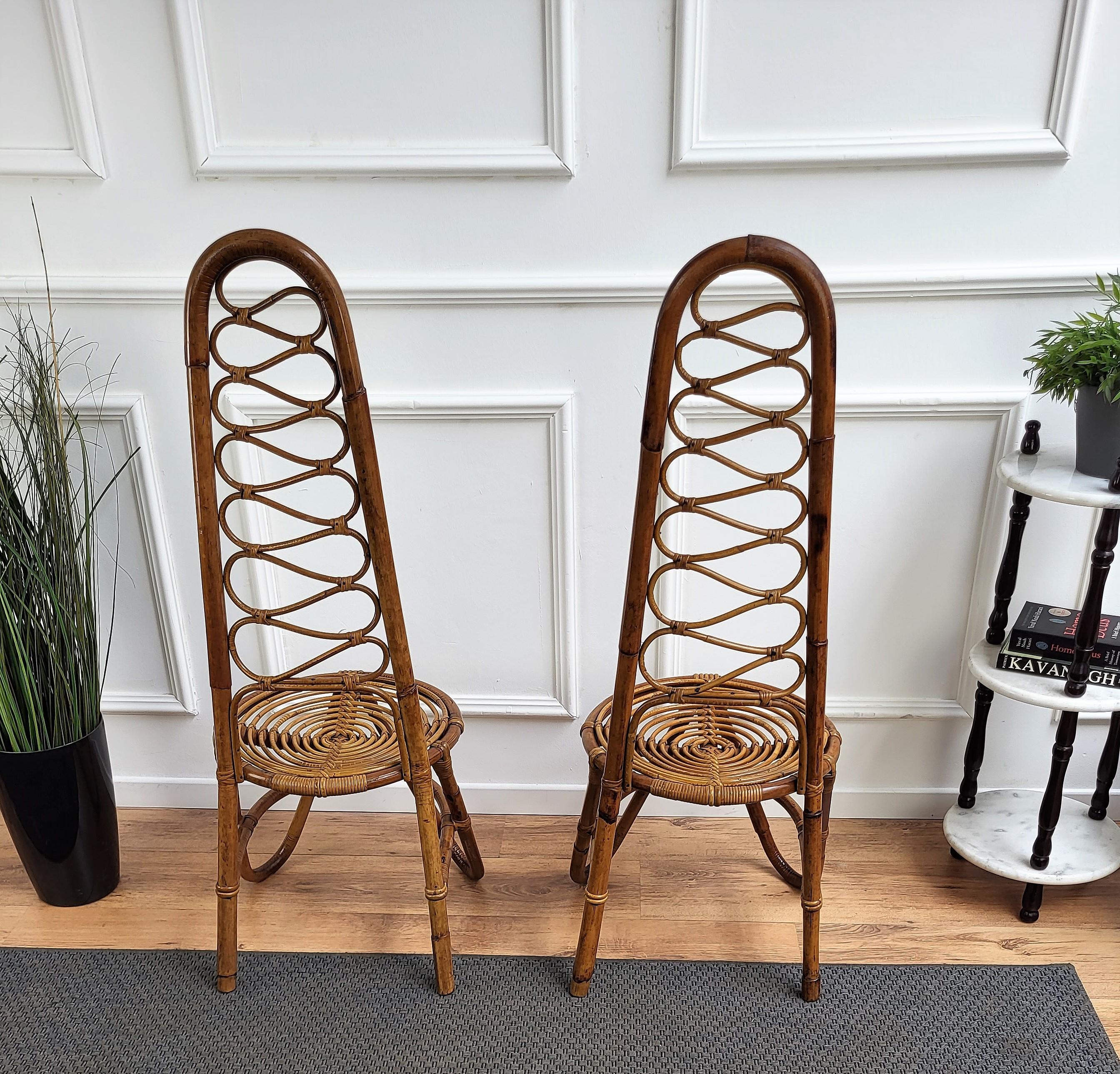 Italian Pair of 60s Bent Bamboo Rattan Wicker Dirk Van Sliedrecht Side Lounge Chairs