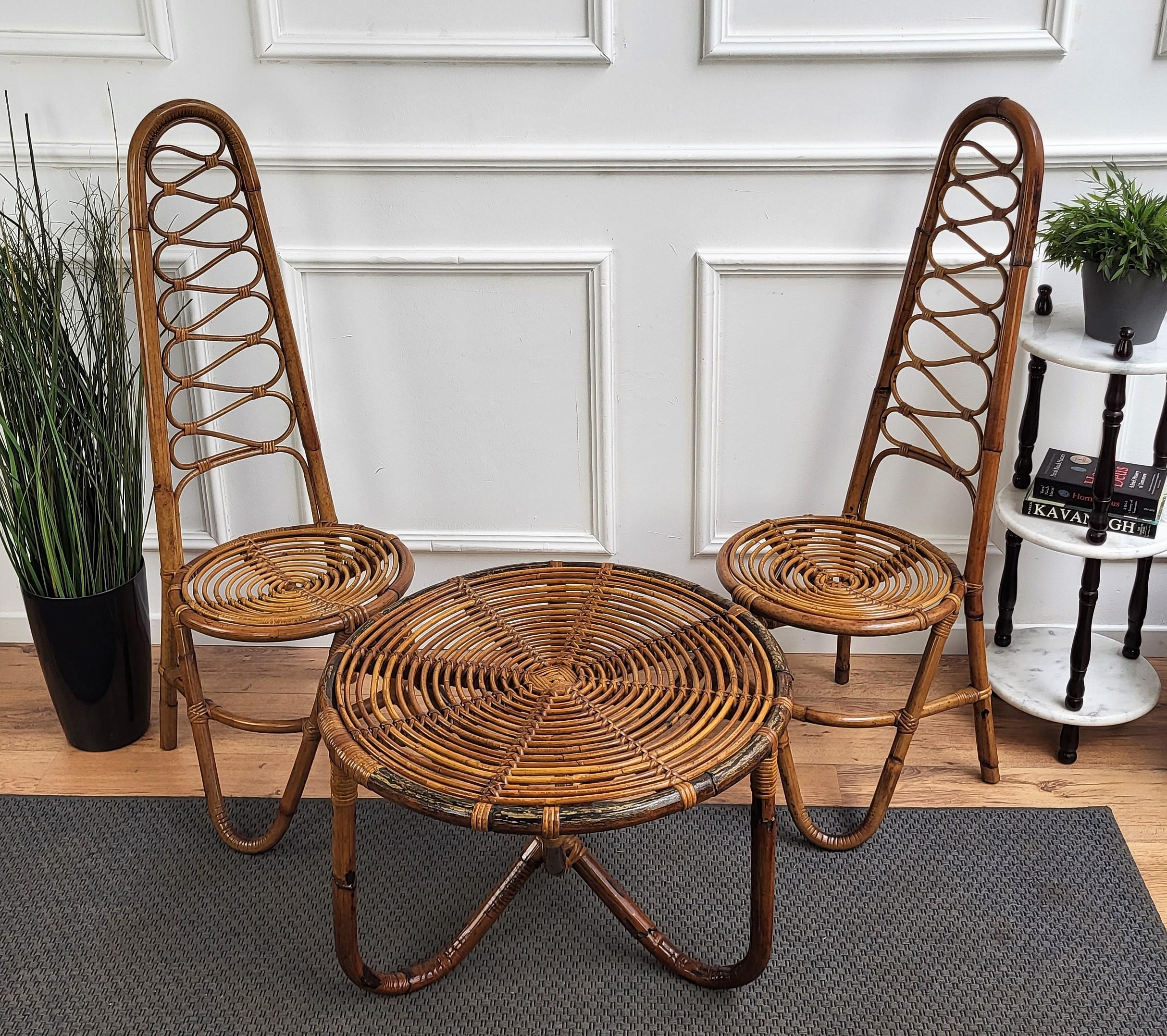 Pair of 60s Bent Bamboo Rattan Wicker Dirk Van Sliedrecht Side Lounge Chairs In Good Condition In Carimate, Como