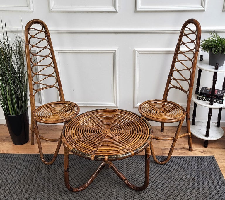 Pair of 60s Bent Bamboo Rattan Wicker Dirk Van Sliedrecht Side Lounge Chairs In Good Condition For Sale In Carimate, Como