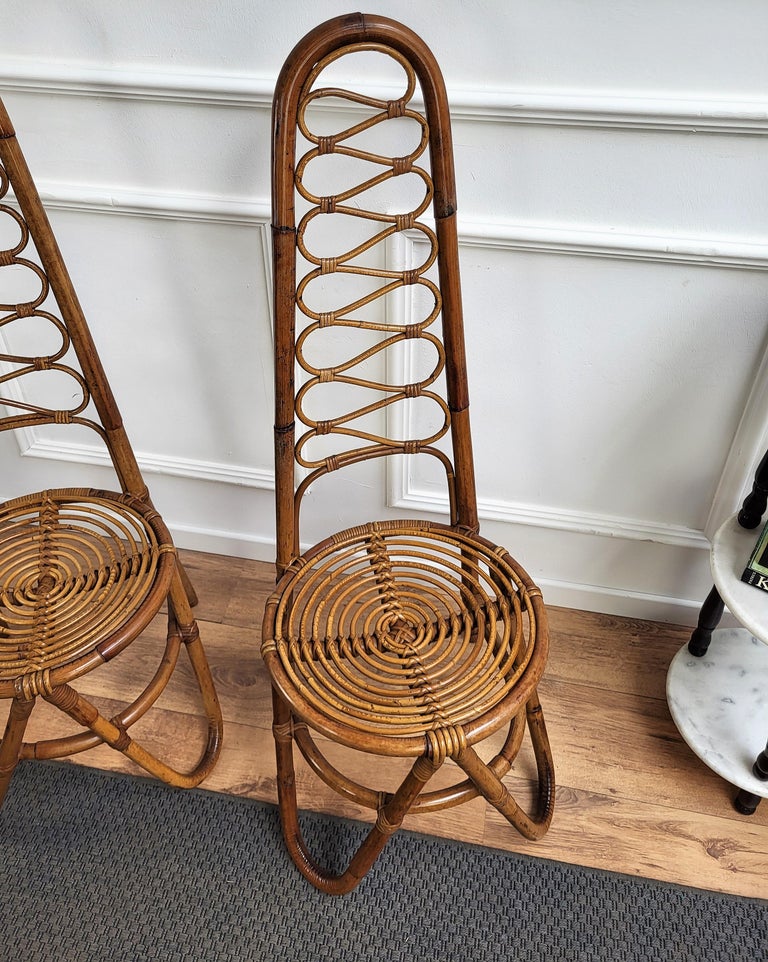 Pair of 60s Bent Bamboo Rattan Wicker Dirk Van Sliedrecht Side Lounge Chairs For Sale 1