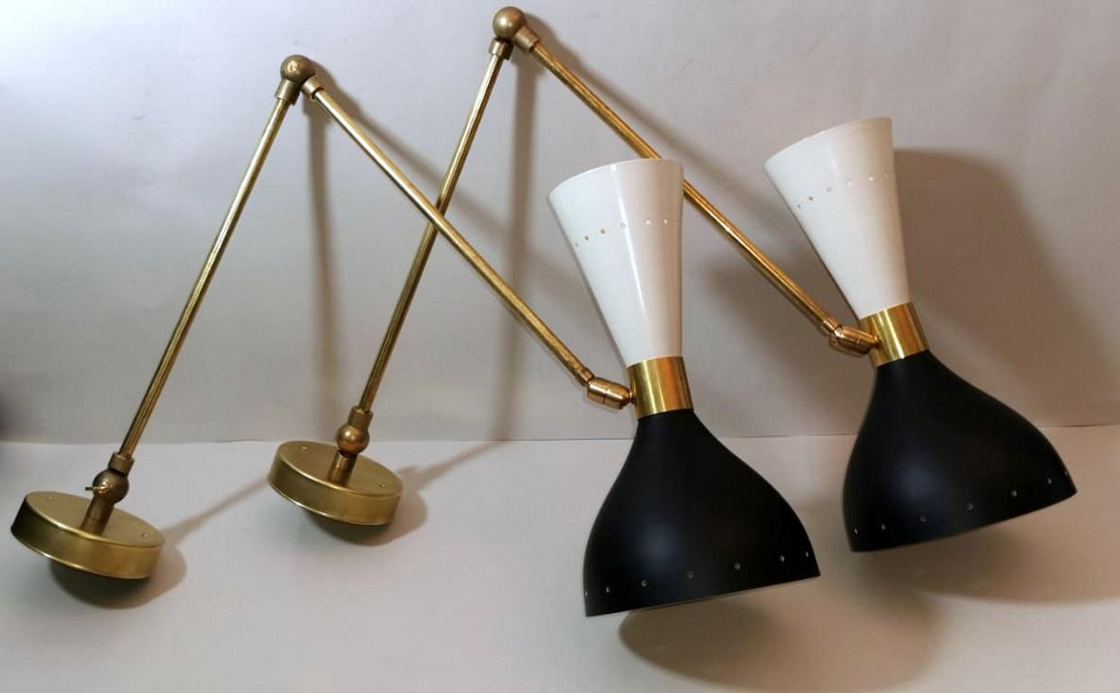 Painted Pair Of 60's Brass Italian Sconces Style Stilnovo Diabolo Model 