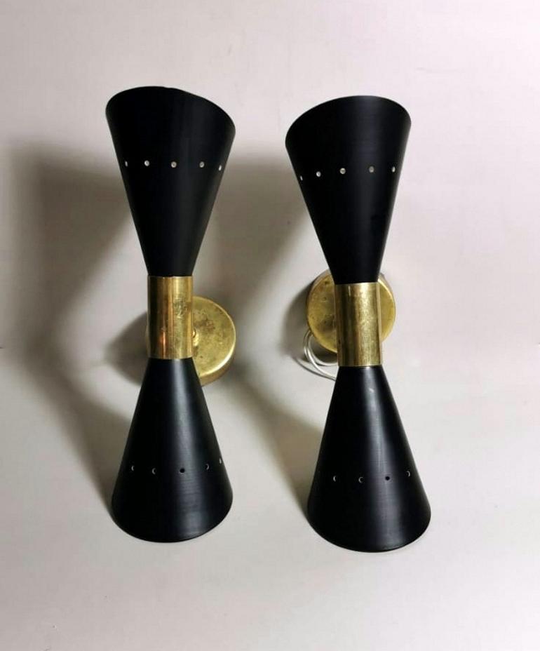 Painted  Stilnovo Style Diabolo Model Pair Of Brass Italian Sconces 1960
